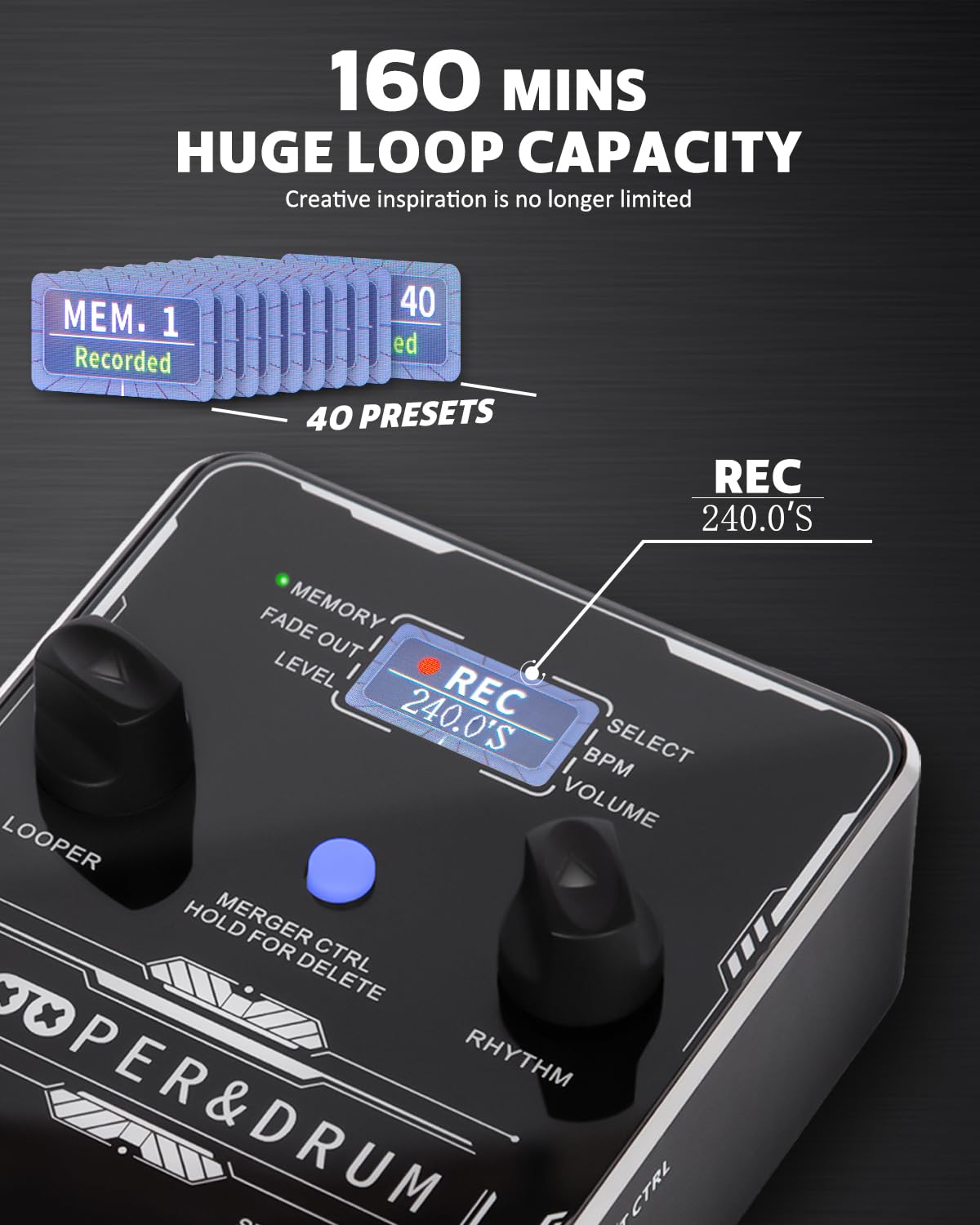 STRICH Stereo Looper Pedal with Built-in Drum Machine - 100 Drum Patterns, 160 Min Recording, USB Audio Transfer, Footswitch Control - Perfect for Guitarists, Live Performances & Music Production