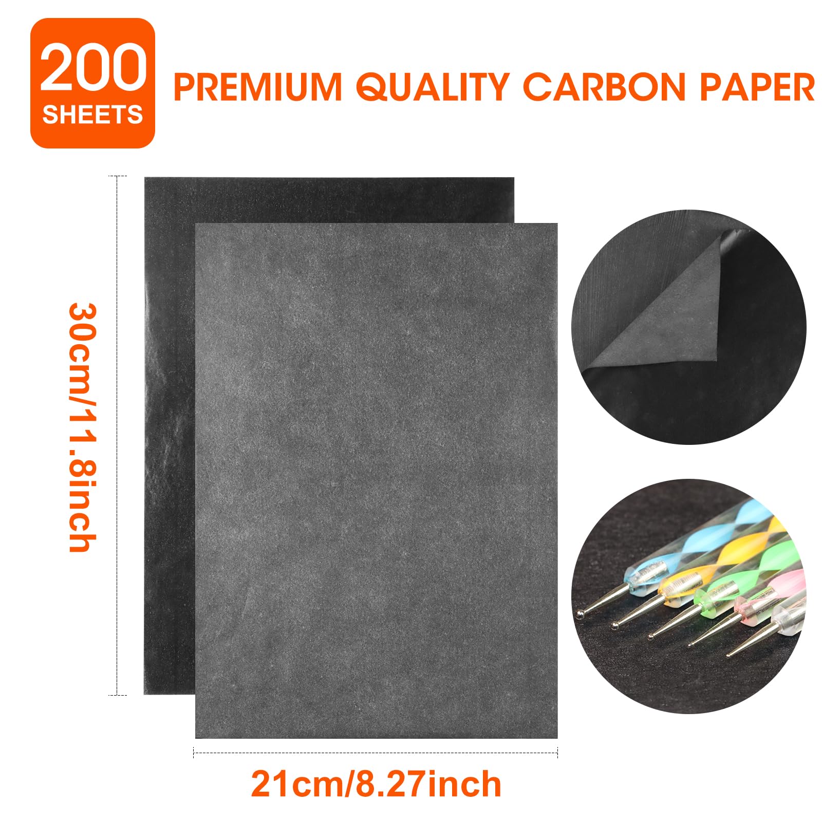 200 Sheets Carbon Transfer Paper for DIY Crafts - Black Graphite Tracing Paper with 5 Ball Embossing Styluses - Perfect for Woodworking, Paper, Canvas & Art Projects - Great for Pattern Transfer, Fabric Marking & Scrapbooking