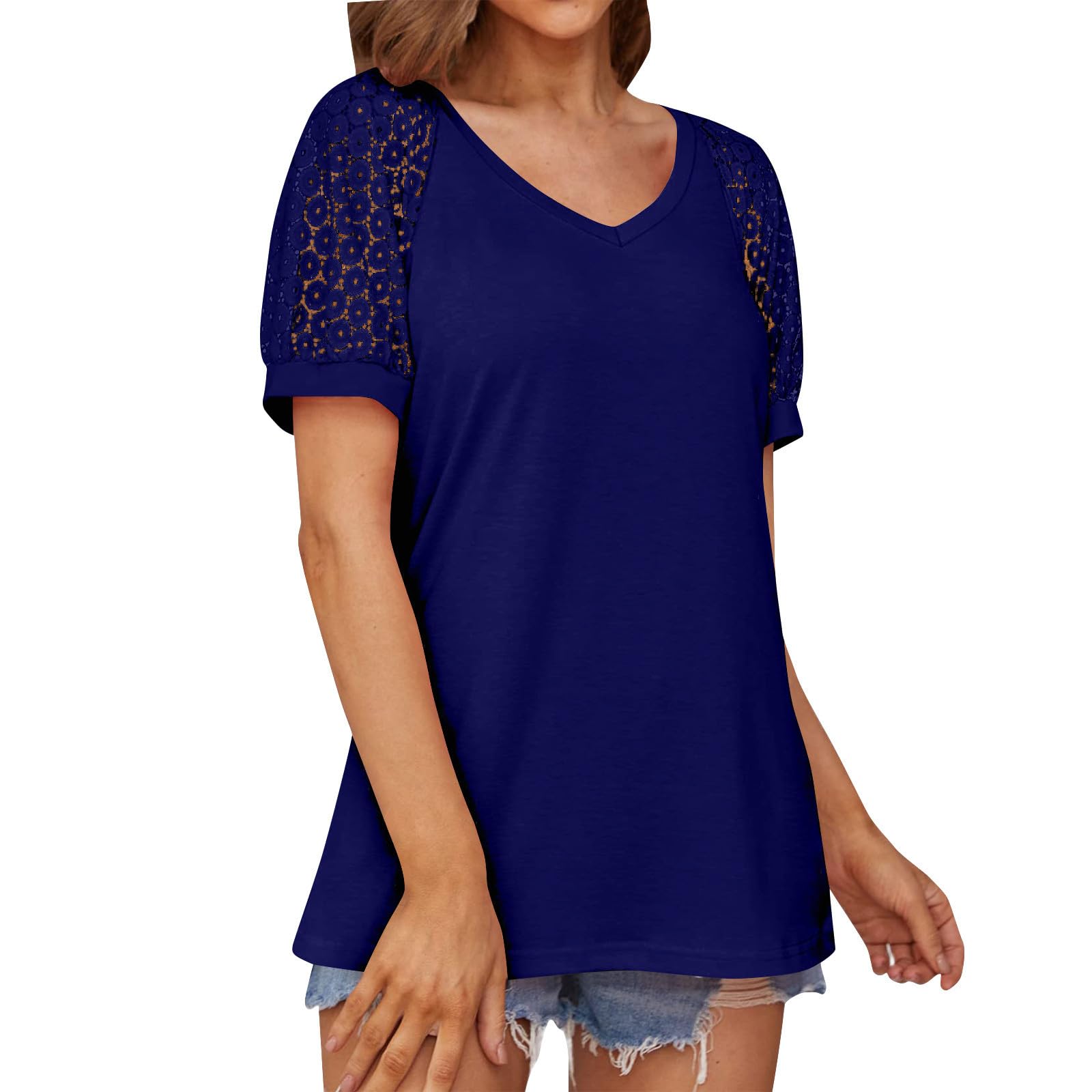 Women's Lace Short Sleeve T-Shirt - Breathable Crochet Blouse with Crew Neck for Summer | Casual & Dressy Everyday Top for Work, Date Night & Outdoor Activities