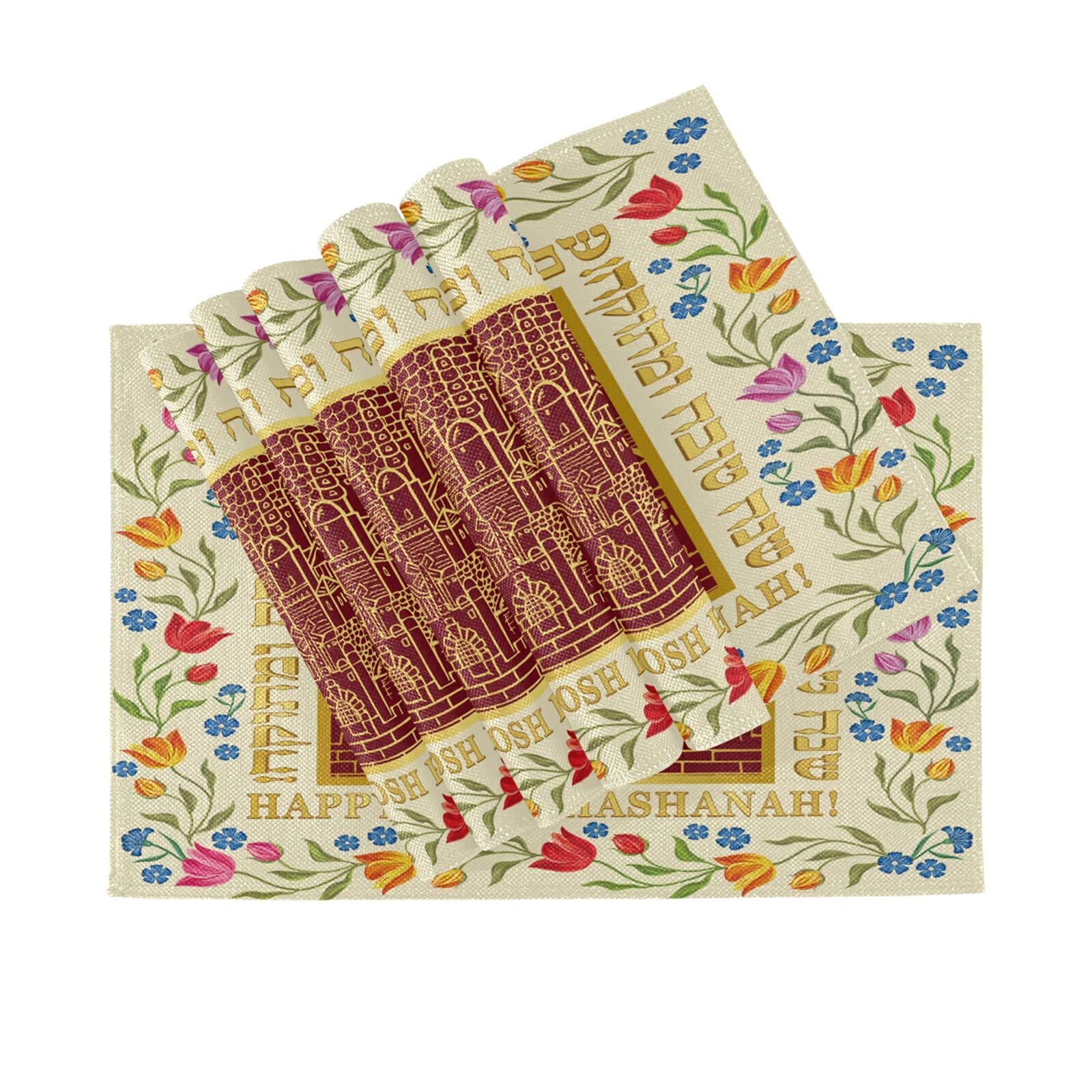 Rosh Hashanah Placemats Set of 6 - Heat Resistant & Wipeable Table Mats for Dining & Kitchen - Perfect for Holiday Meals, Dinner Parties & Everyday Use