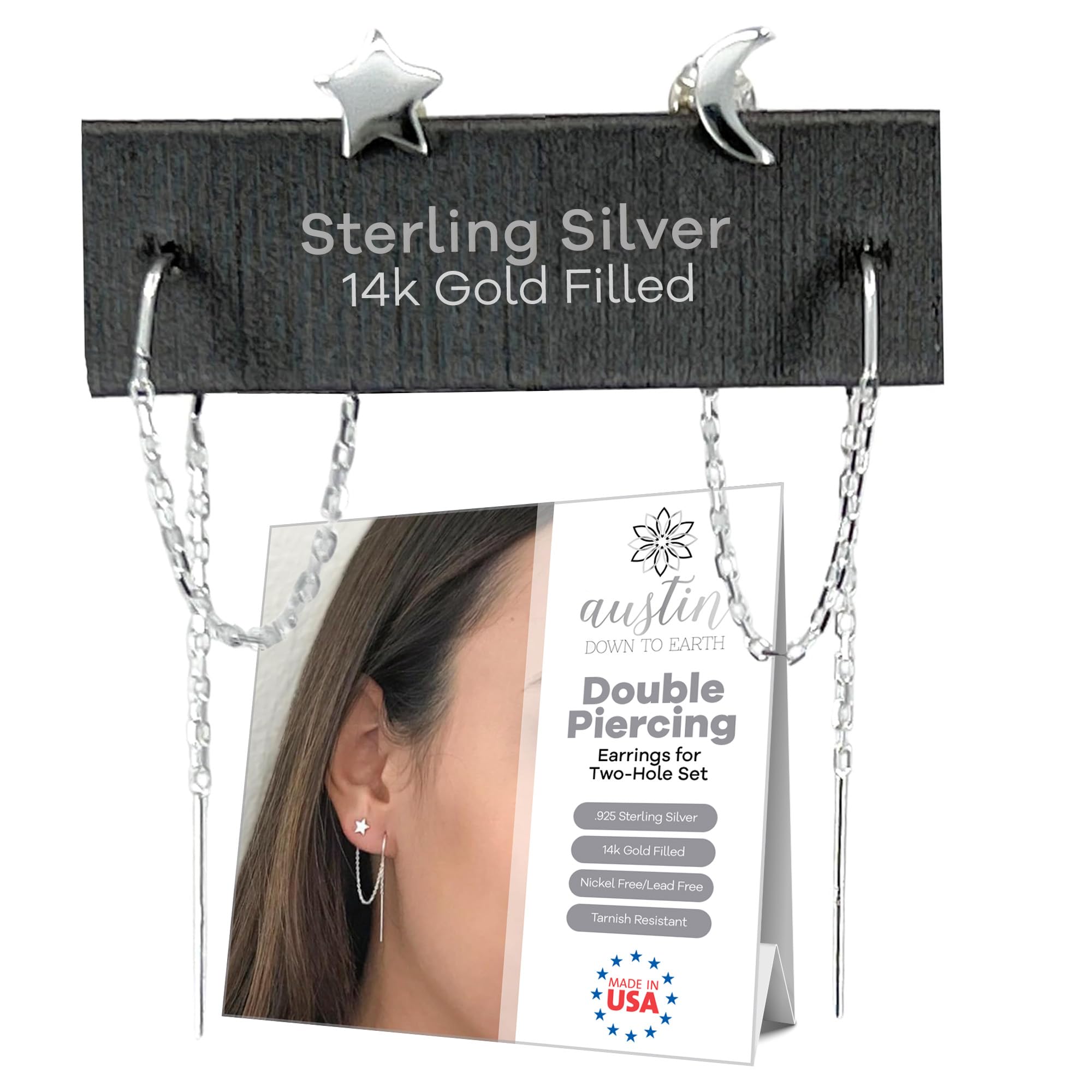 Double Piercing Earrings for Women - 14K Gold Filled Sterling Silver 2 Hole Threader Earrings Set with Star & Moon Charm | Trendy Chain Earrings for Double Piercings | Perfect for Layered Looks, Date Nights & Special Occasions
