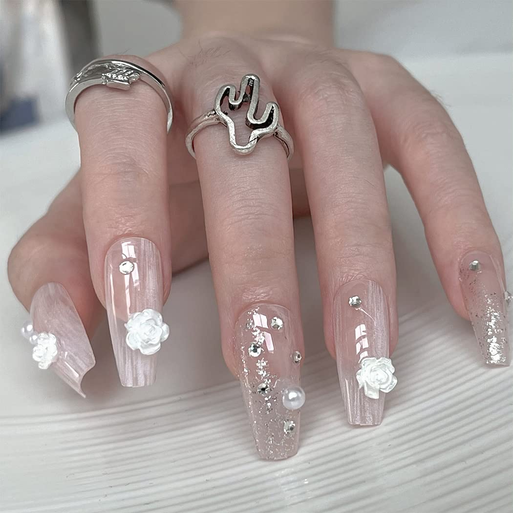 Sethexy Camellia Ballerina Fake Nails - 24Pcs Pink Wedding Press on Nails with Plaster Design | Handmade Stick on Nail Tips for Women & Girls | Perfect for Bridal Showers, Prom, Date Nights & Special Occasions