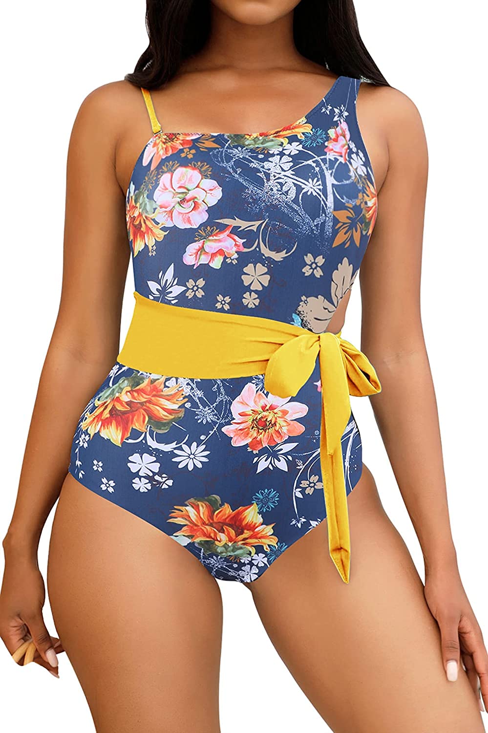 Cysincos Women's Sexy One Shoulder Monokini Swimsuits - Tummy Control Cutout One Piece Bathing Suit with Tie for Beach, Pool & Vacation