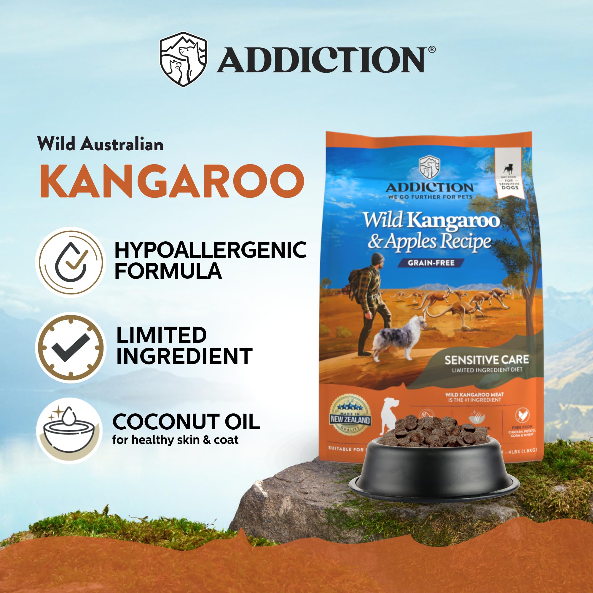 Addiction Wild Kangaroo & Apples Grain-Free Dry Dog Food - Limited Ingredient Novel Protein for Muscle & Weight Management - Ideal for Dogs with Food Allergies - 4lb (2 Packs) - Perfect for Sensitive Stomachs & Allergy-Prone Dogs at Home or Travel