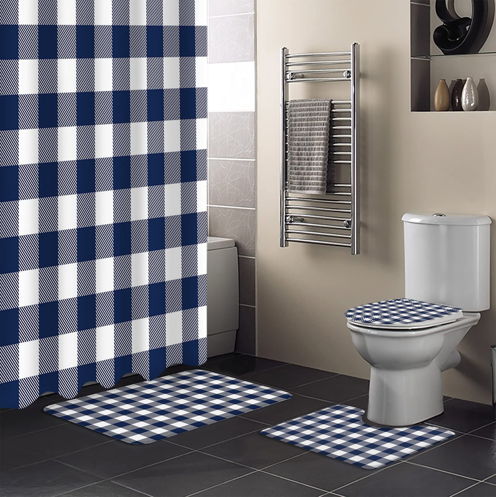 Sabolny 4-Piece Bathroom Set - Waterproof Checkerboard Shower Curtain with Hooks, Non-Slip Bath Rugs, Toilet Lid Cover & U-Shaped Mat - White & Navy Blue Geometric Watercolor Design for Modern Home Decor - Perfect for Bathroom, Guest Room & Apartment Renovation