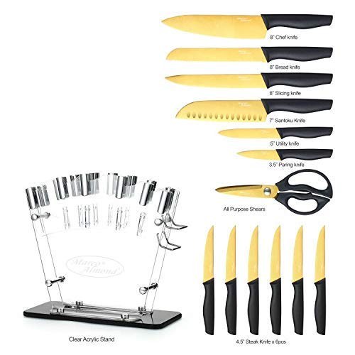 KYA23 14-Piece Golden Titanium Knife Set with Acrylic Stand - Premium Marco Almond MA21 Kitchen Knives for Slicing, Dicing & Chopping - Perfect for Home Chefs & Professional Cooking