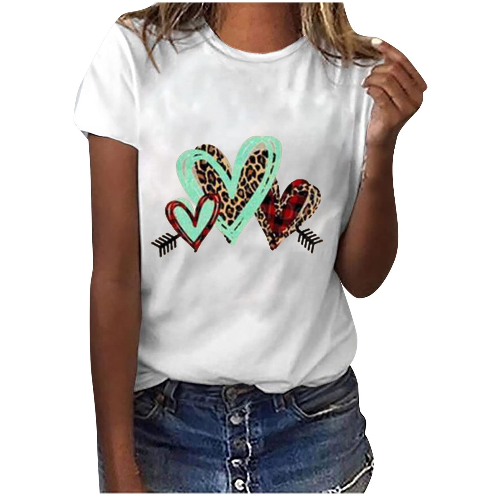 Women's Summer T-Shirt - Cute Heart Print Casual Crewneck Tee | Soft Short Sleeve Trendy Top for Everyday Wear, Beach Outings & Summer Fashion