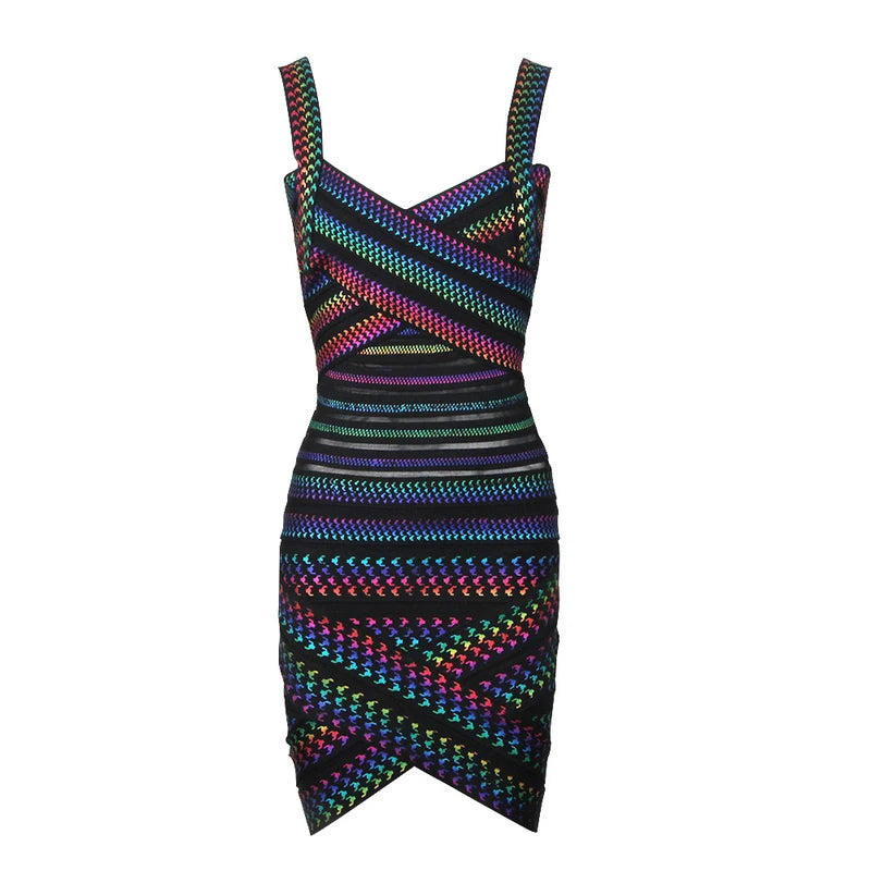 Celebrity-Inspired Colorful Striped Foil Print Rayon Bandage Bodycon Dress for Evening Parties & Night Out | Sexy Clubwear & Cocktail Dress for Women