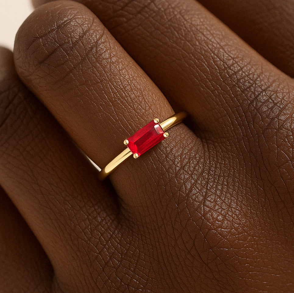 Natural Ruby Single Baguette Stone Solitaire Ring - 14K Gold Minimalist Dainty Jewelry for Women, Perfect for Engagement, Anniversary & Everyday Elegance