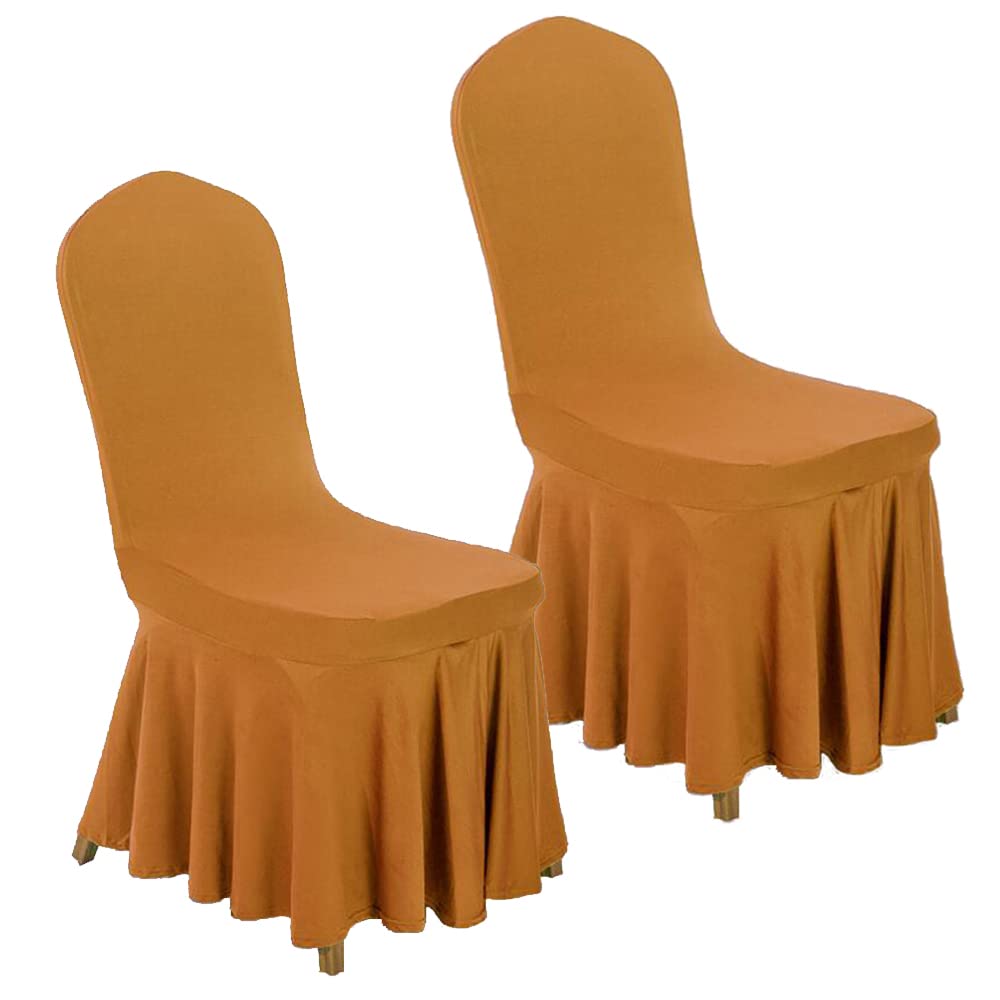 Elegant Stretch Dining Chair Slipcovers Set of 2 - Washable Non-Slip Universal Chair Covers with Ruffle Skirt for Wedding, Banquet & Party - Perfect for Home, Restaurant & Event Decor (Coffee, 2-Pack)
