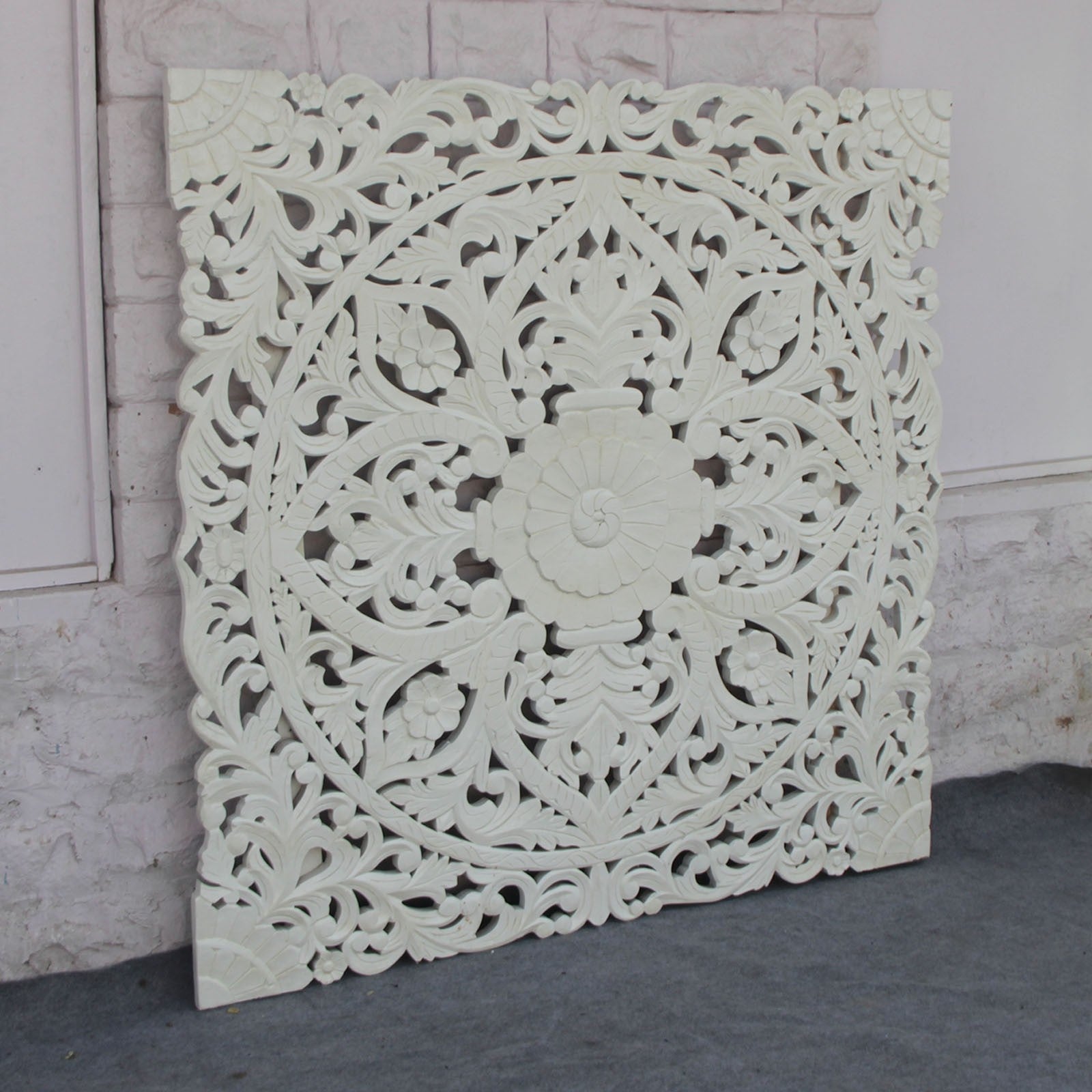 Handcrafted Dynasty Carved Panel Bed Headboard in White - Elegant Bedroom Decor for Master Suite & Guest Room