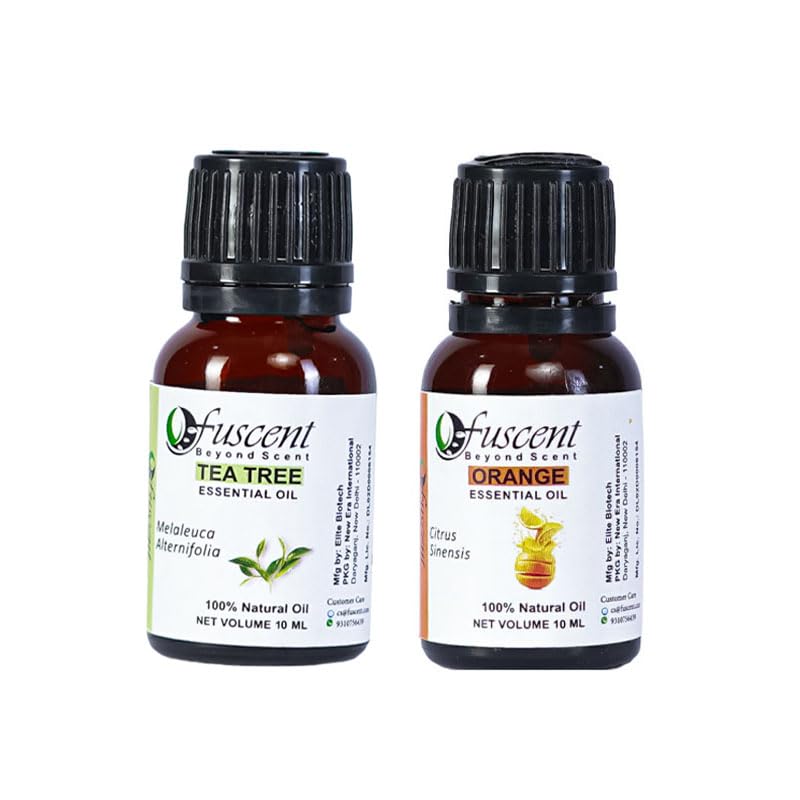 FUSCENT Organic Essential Oil Set - 100% Pure Tea Tree & Orange Oil (10ml Each) for Hair Care, Skin Care, Aromatherapy & Soap Making | Undiluted Natural Oils for Relaxation, Home Fragrance & DIY Beauty Products