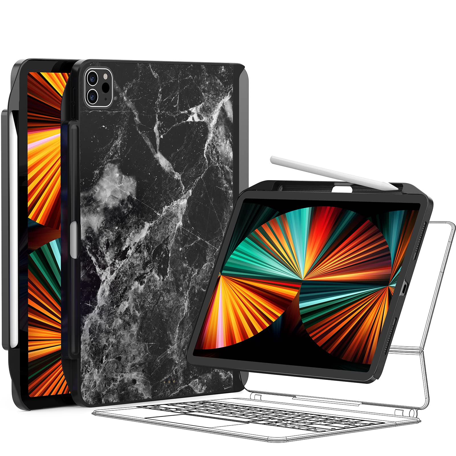 SwitchEasy CoverBuddy Case for iPad Pro 12.9 (2021 Model) - Protective Cover with Apple Pencil Holder & Charging Support | Slim Design | Black Marble Pattern | Perfect for Work, Study & Creative Projects