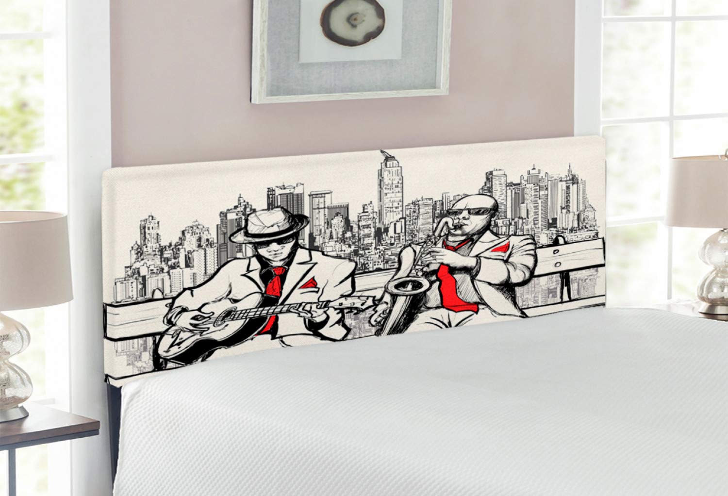 Ambesonne Jazz Band Music Headboard - Full Size Upholstered Metal Bed Headboard with Memory Foam, Retro New York Night Scene Print in Red Black & Ecru - Perfect for Music Lovers' Bedrooms & Jazz-Themed Decor