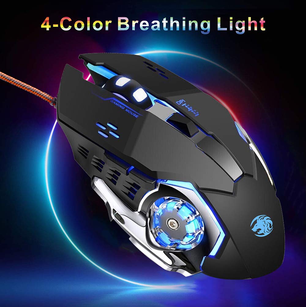 TENMOS K85 Silent Click Wired Gaming Mouse - Ergonomic USB Computer Mouse with 4 Adjustable DPI, Breathing LED Light, 6 Buttons - Compatible with PC, Laptop, Computer (Black) - Perfect for Gaming, Office, and Home Use