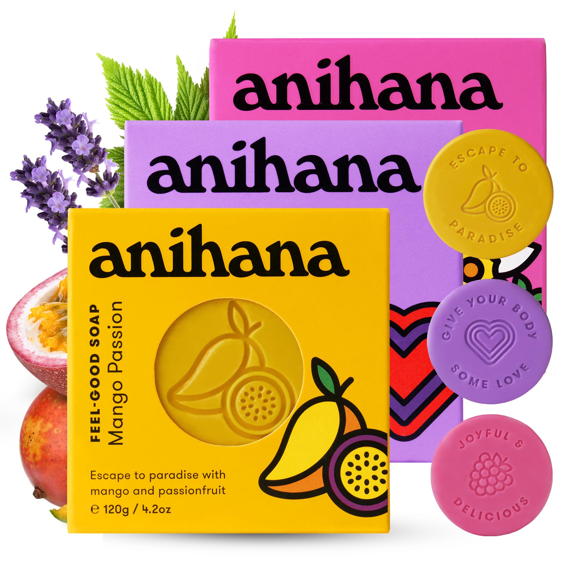 ANIHANA Feel-Good Soap Variety 3 Pack with Coconut Oil & Shea Butter - Gentle Cleansing, Paraben & Cruelty Free - Berry, Mango, Lavender Scented (4.2 oz each) - Perfect for Daily Skincare, Gifts & Relaxation