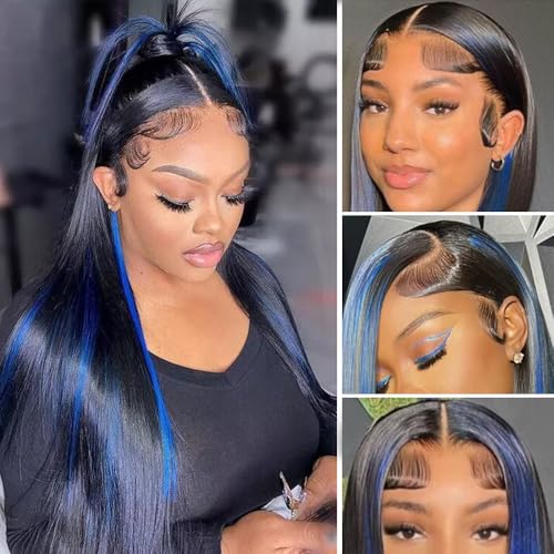 Black and Blue Skunk Stripe Straight Lace Front Wig