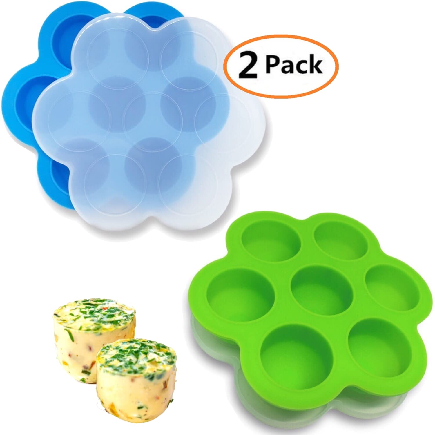 GOKCEN 2-Pack Silicone Egg Bite Molds for Instant Pot 5,6,8 qt Pressure Cooker - Reusable Freezer-Safe Food Storage Containers with Lid (Blue & Green) - Perfect for Meal Prep, Sous Vide, and Healthy Snacks