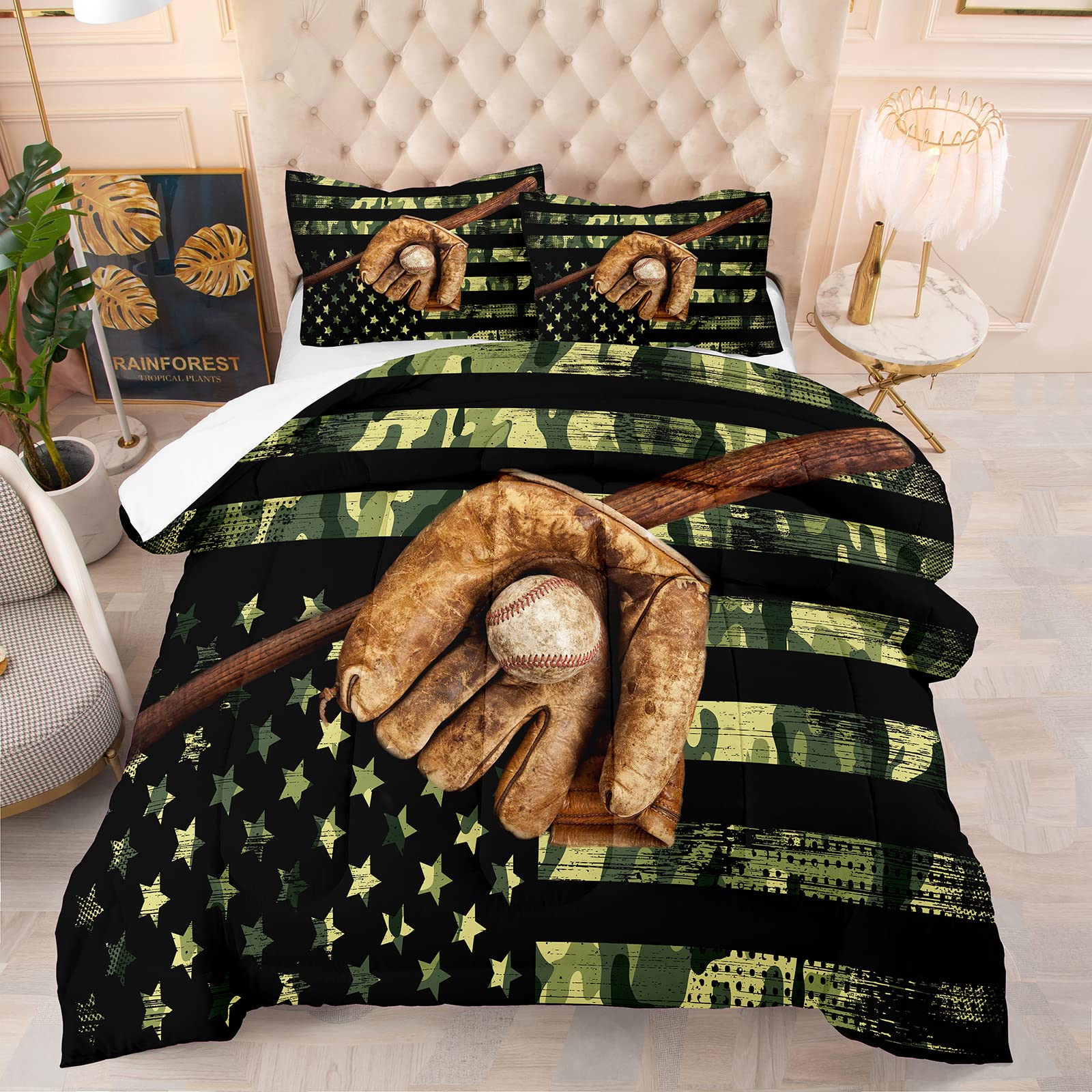 King Size Baseball Comforter Set - Camouflage Green & American Flag Design for Boys & Girls | Sports Theme Bedding with 1 Comforter & 2 Pillow Shams | Perfect for Kids' Rooms, Dorm Decor & Baseball Fans