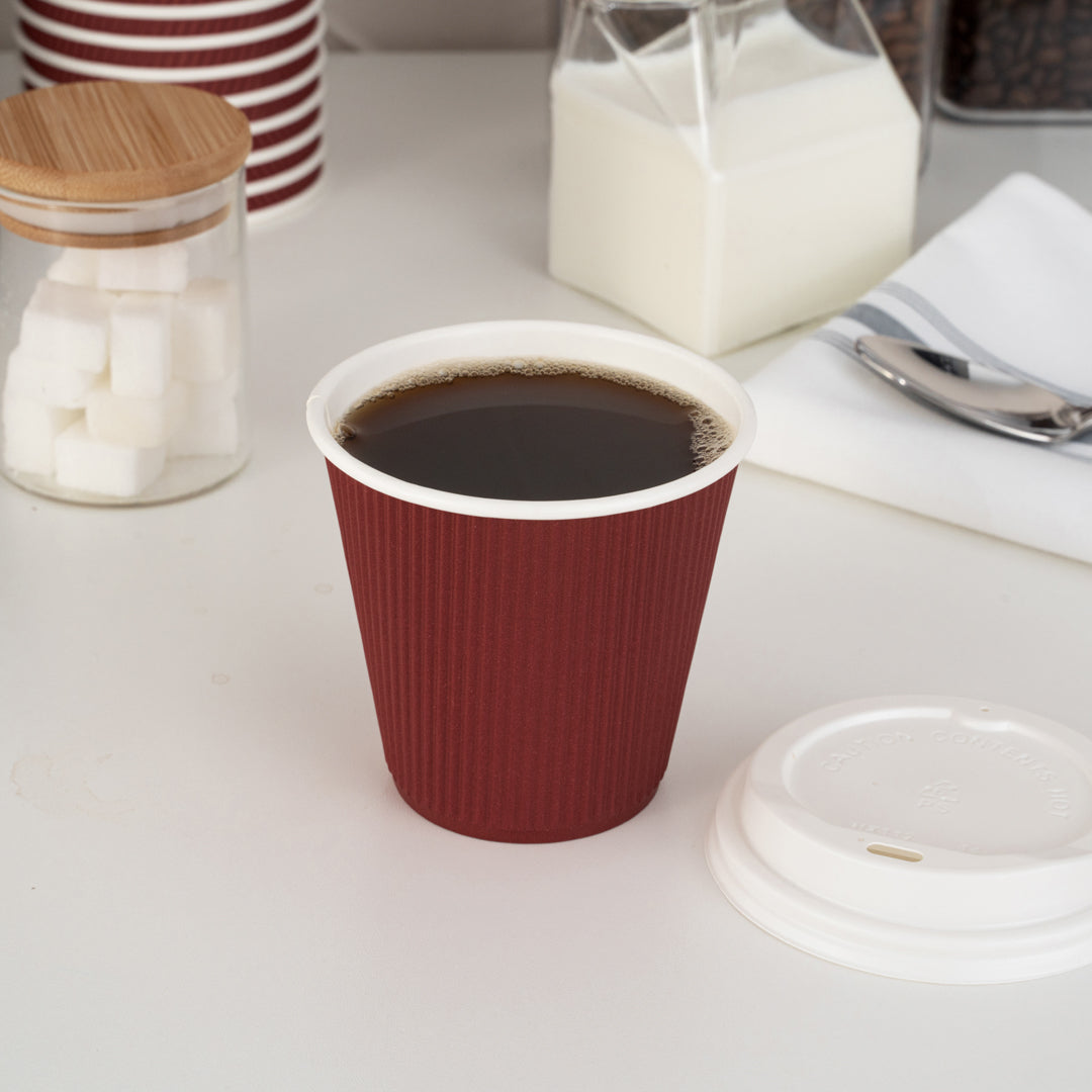8 oz Crimson Disposable Paper Coffee Cups with Ripple Wall Design - 3.5