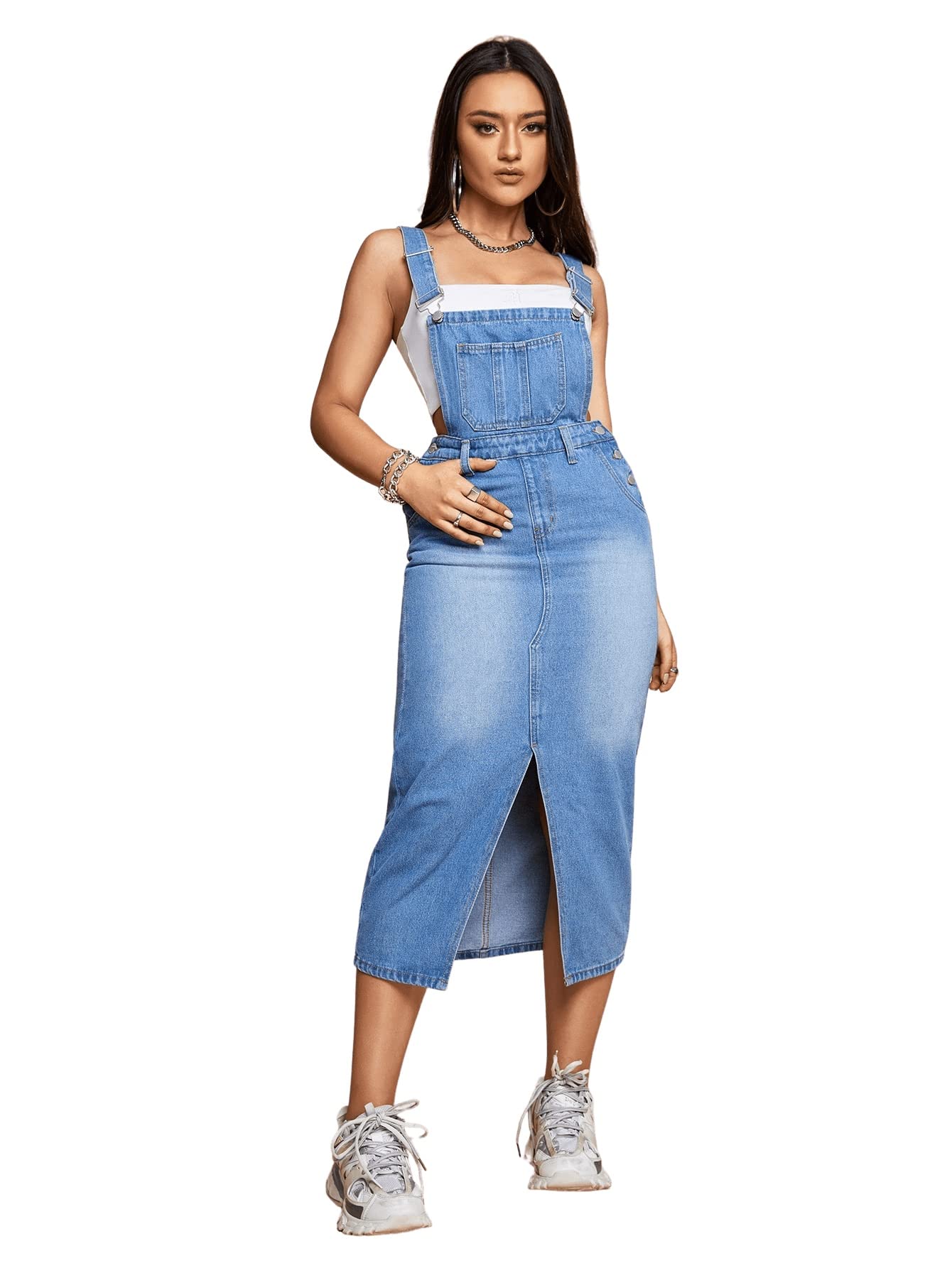 SweatyRocks Women's Denim Overalls Dress - Adjustable Straps, Casual Pinafore Midi Dress with Side Slit | Perfect for Spring Outfits, Brunch Dates & Weekend Street Style