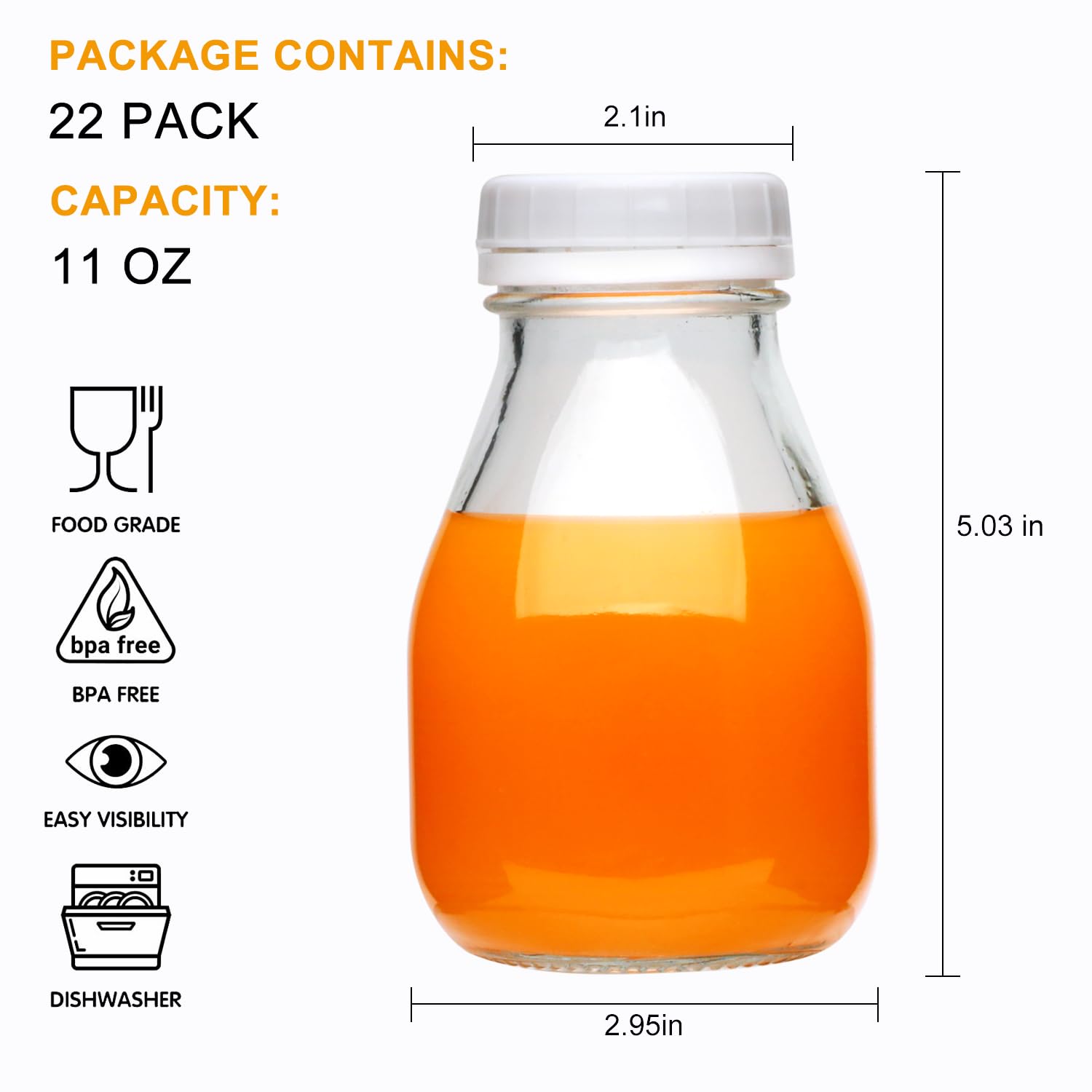 Reusable 11oz Glass Bottles with Lids - 22 Pack for Milk, Juice, Beverages | Perfect for Parties, Weddings, Baby Showers & Gifts - Eco-Friendly Drink Containers for Home, Office & Events