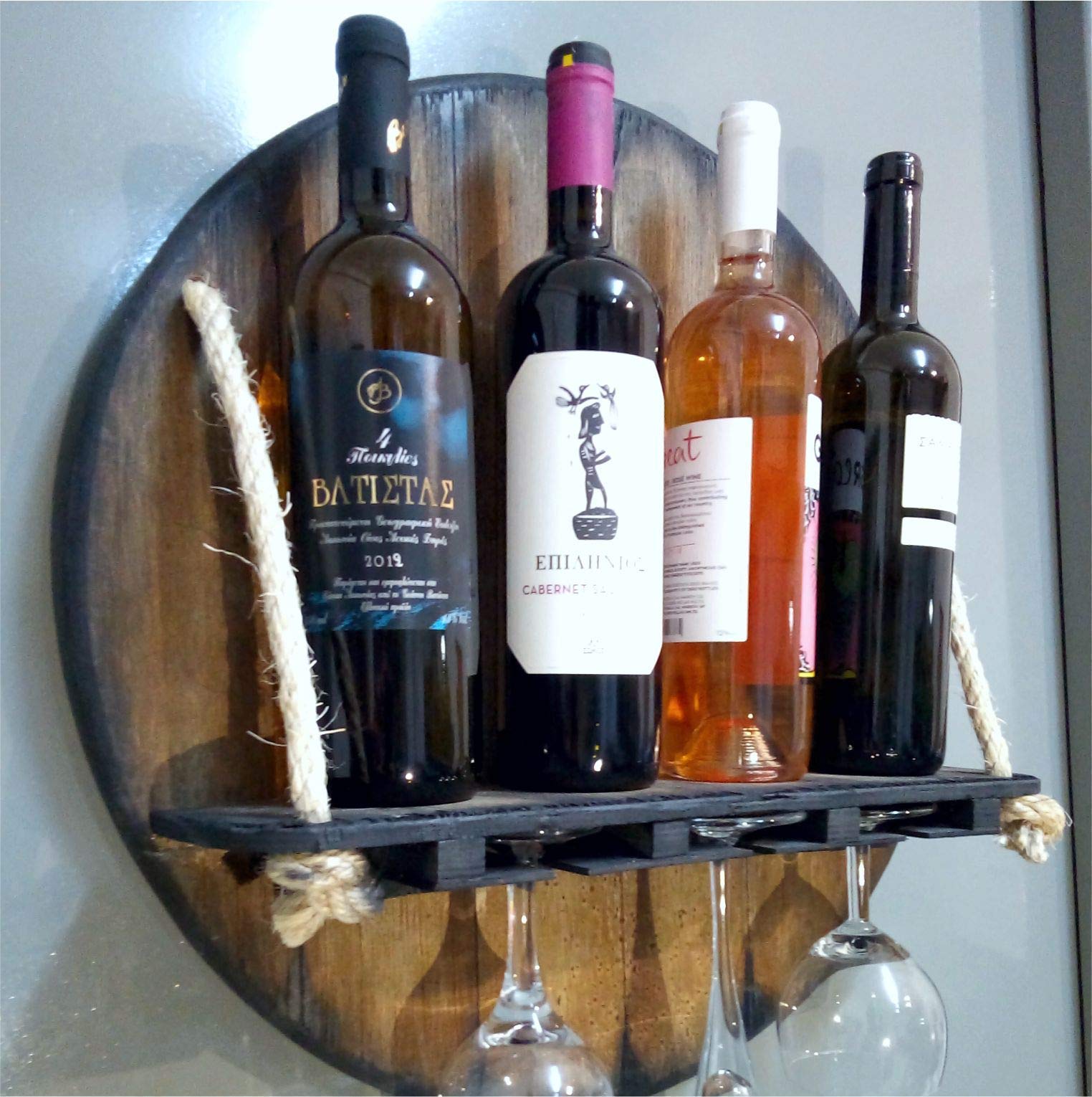 Wall Mounted Wine Rack - Rustic Wood Liquor Bottle Storage Shelf Inspired by Whiskey Barrels | Hanging Glass Holder for Kitchen, Dining Room, Bar & Cellar | Perfect Housewarming Gift & Home Decor for Wine Enthusiasts