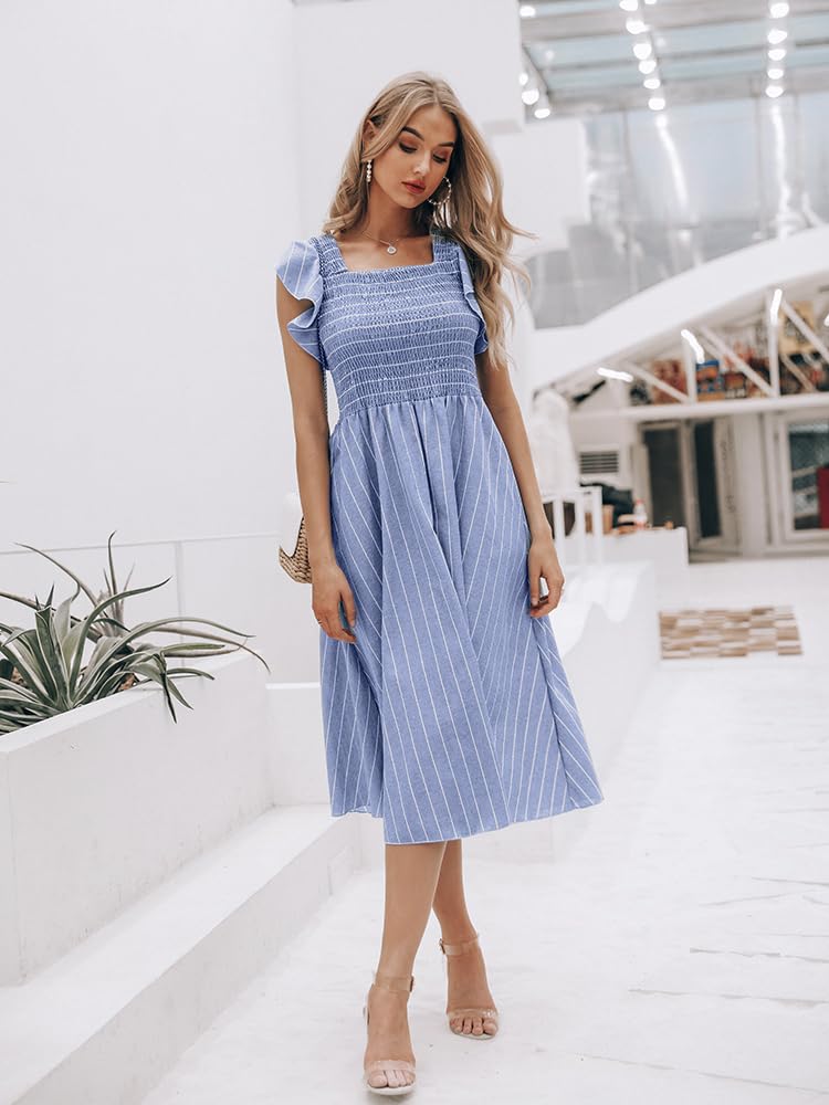 Miessial Women's Casual Summer Midi Dress - Short Sleeve Smocked Linen Boho Dress with Pockets | Beach Wedding Guest Outfit, Vacation Wear & Everyday Summer Style 2025