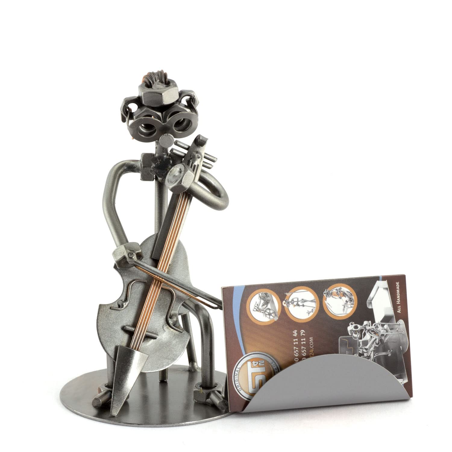Handmade Metal Nuts and Bolts Figurine - Personalized Engraved Cello Sculpture with Business Card Holder | Unique German-Made Office Desk Decor & Gift for Musicians