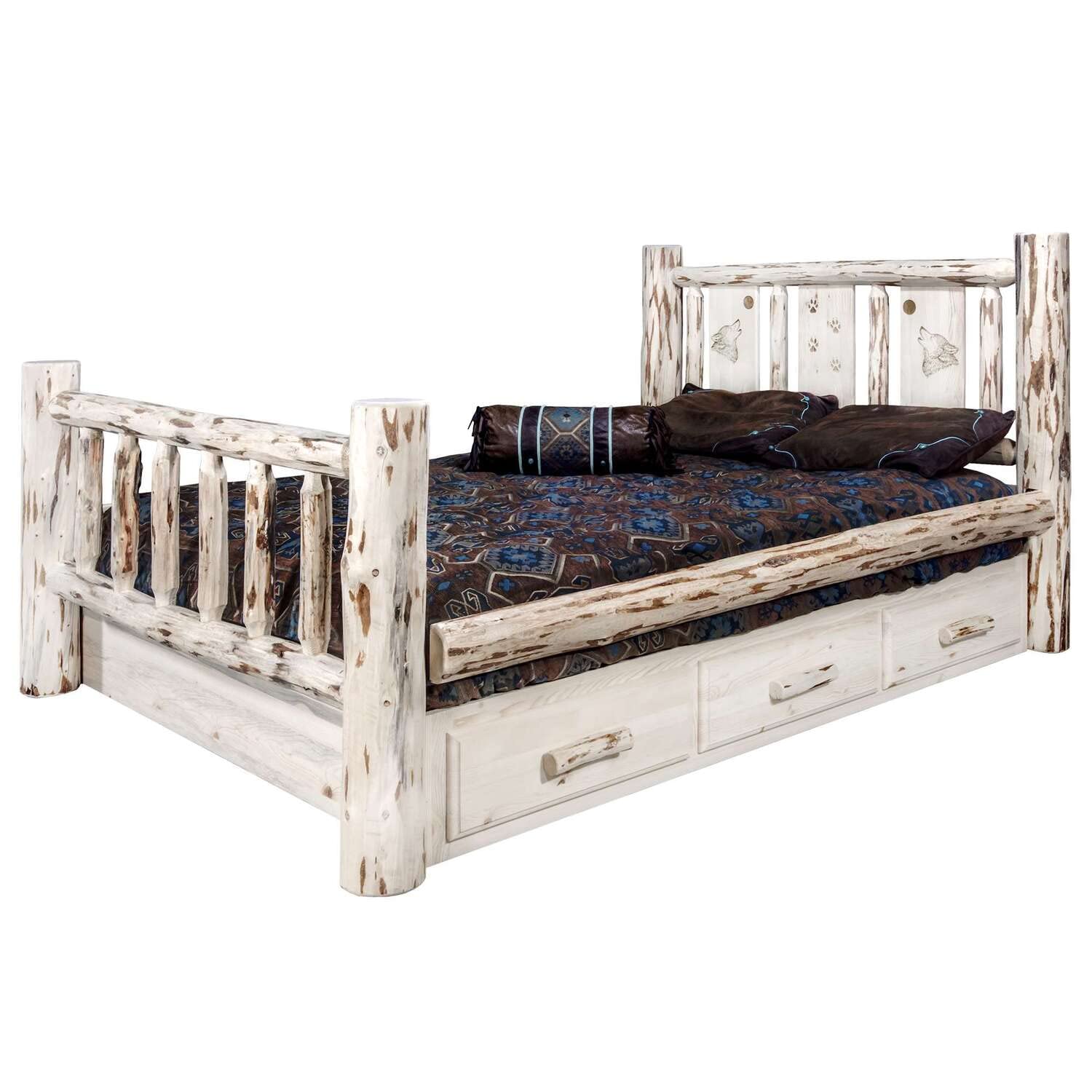 Montana Woodworks Wolf Design Laser Engraved Queen Size Storage Bed - 94