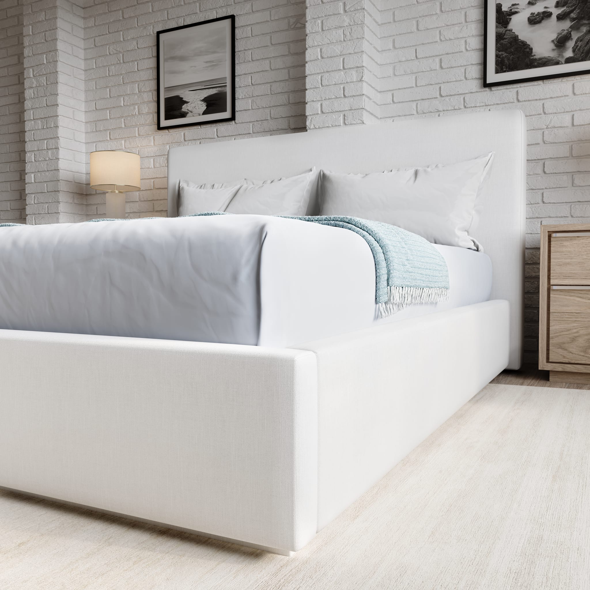 Luxury Upholstered Storage Bed with Footboard - Pearl White Fabric - Queen Size Platform Bed with Underbed Storage - Perfect for Small Bedrooms & Guest Rooms