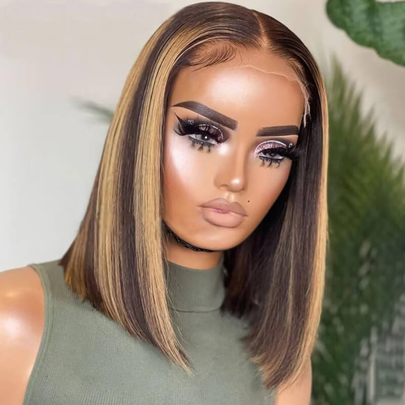 Eullair Short Bob Wigs 13x4 Lace Front Human Hair Wig - Pre-Colored Burgundy Highlight Straight Hairpiece for Women | Perfect for Daily Wear, Cosplay & Special Occasions