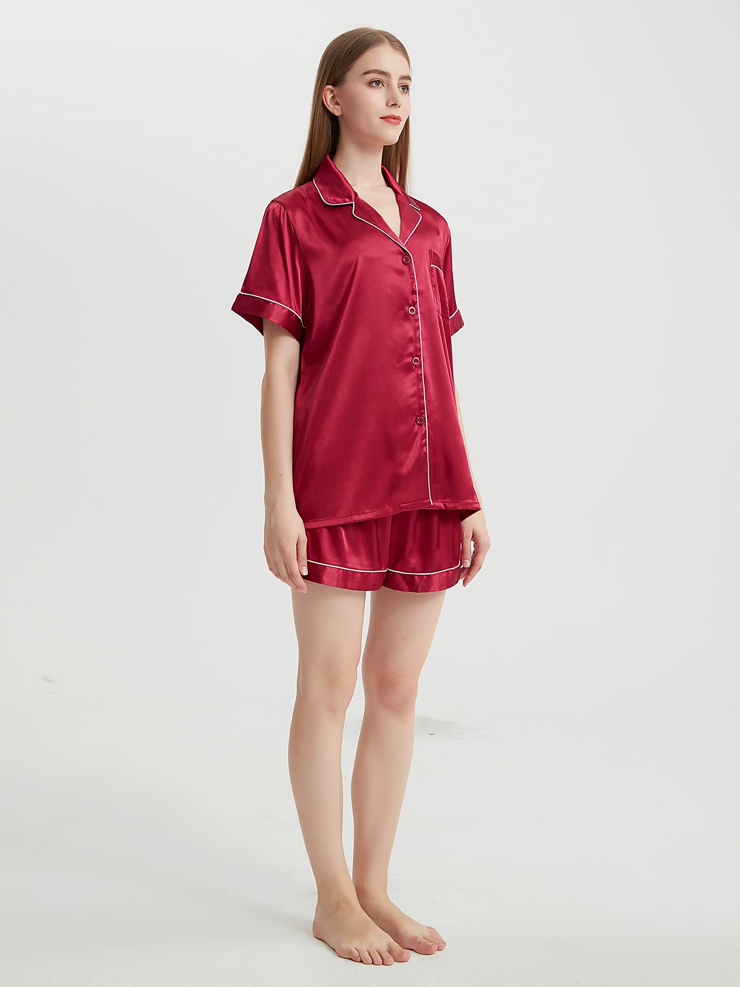 2 Piece Silk Satin Pajama Set for Women - Soft & Comfortable Short Sleeve Button Down Sleepwear - Perfect for Lounging, Sleepovers & Relaxing at Home