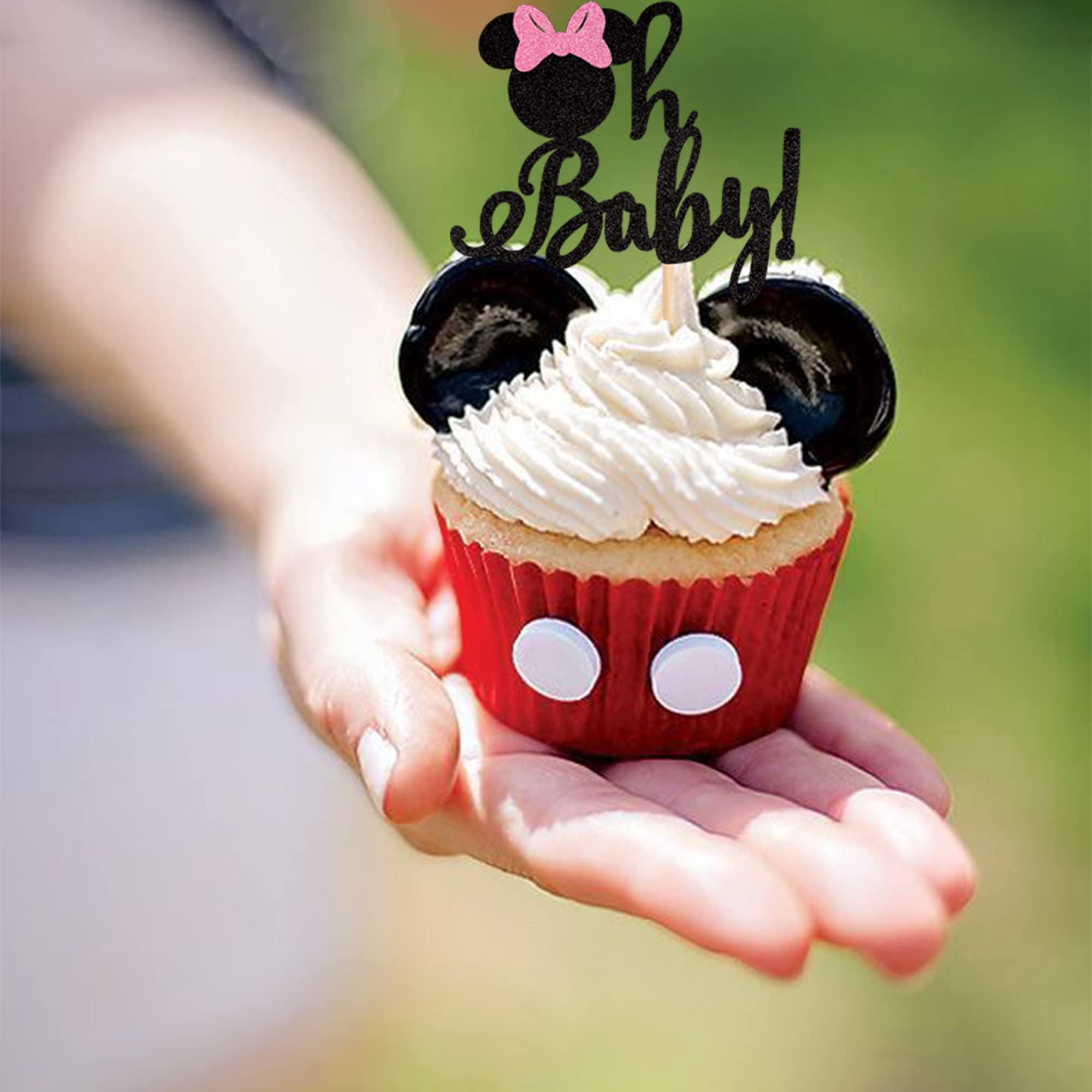 24 Pack Glitter Mouse Cupcake Toppers - Mouse Theme Food Picks for Gender Reveal, Baby Shower & Kids Birthday Party Cake Decorations - Perfect for Baby Shower, Birthday Party & Holiday Celebrations