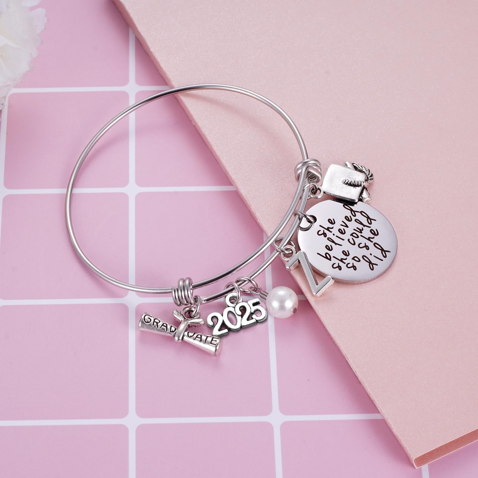 Ukodnus Class of 2025 Graduation Bracelet - Personalized 26 Initial Charm Bracelet for High School & College Seniors - Inspirational Gift for Her - Perfect for Graduation Ceremonies, Parties & Keepsakes