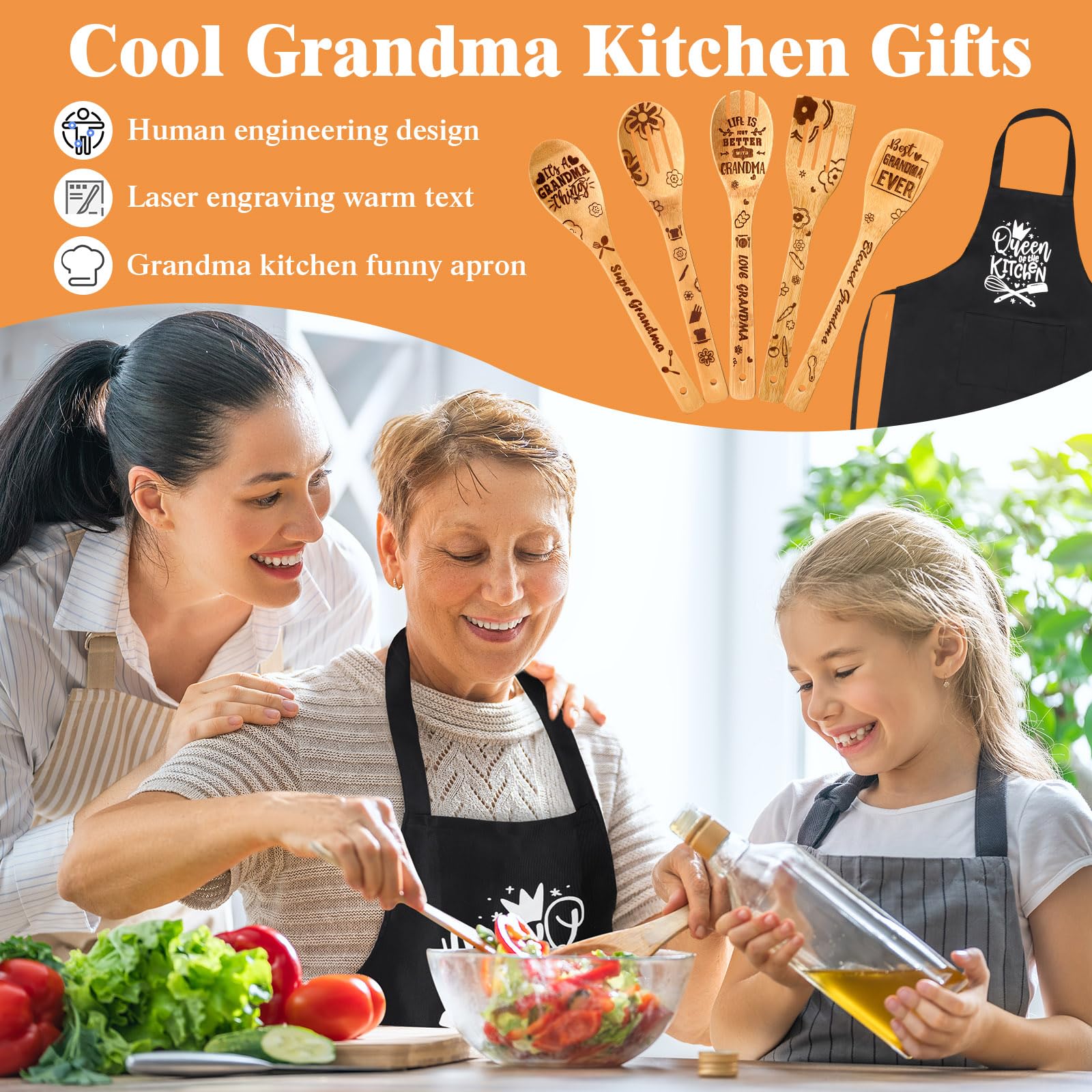 7-Piece Wooden Cookbook Stand & Kitchen Utensil Set - Adjustable Recipe Holder with Apron - Perfect Mother's Day, Birthday & Valentine's Gift for Grandma, Mom, Nana from Daughter or Granddaughter - Ideal for Cooking, Baking & Kitchen Organization