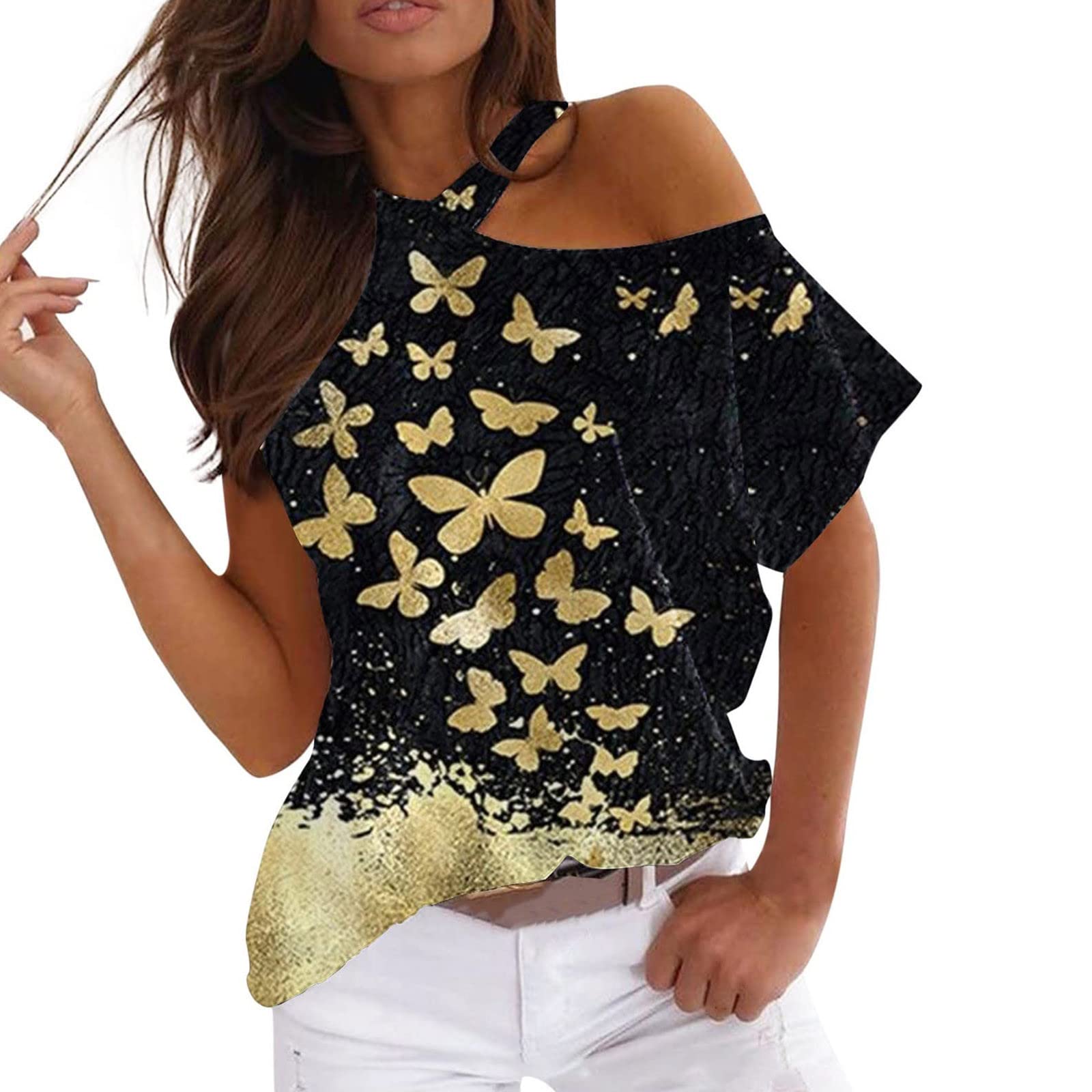 Women's V-Neck Lace Short Sleeve Blouse - Waffle Knit Casual Loose Fit T-Shirt Top for Everyday Wear, Date Night & Office Outfits