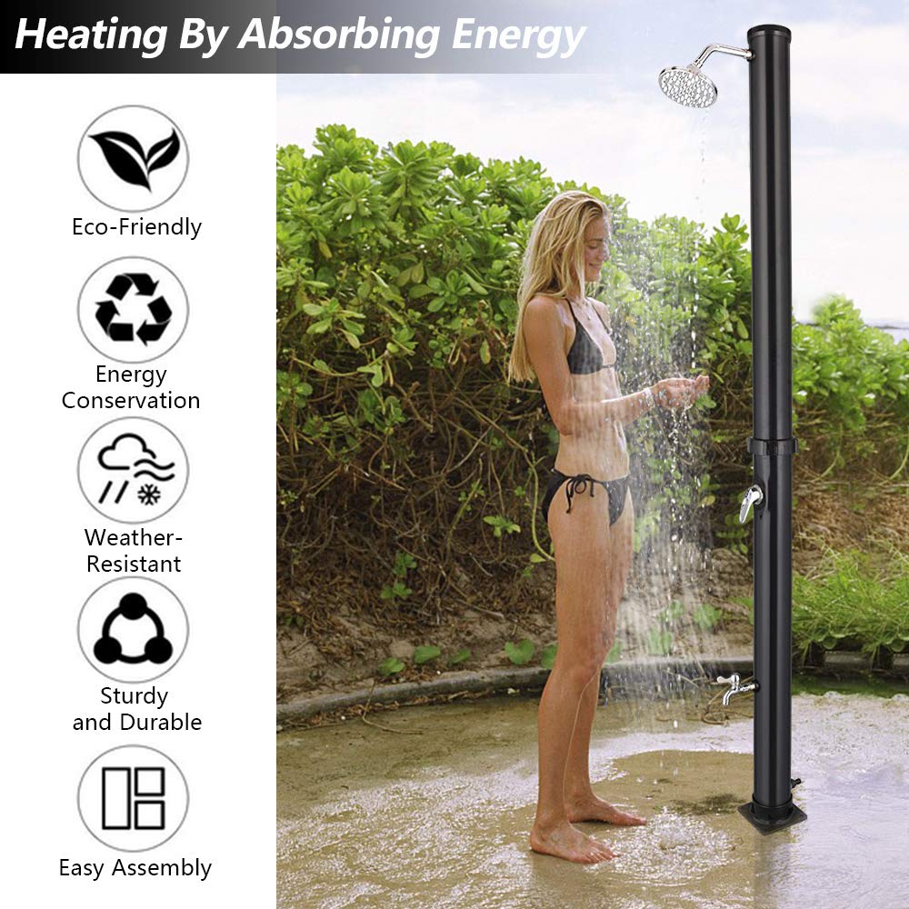 VINGLI 7.2Ft 5.5 Gallon Solar Outdoor Shower with Shower Head & Foot Tap - Portable Camping, Beach, Poolside, Backyard, Garden, RV Use - Black