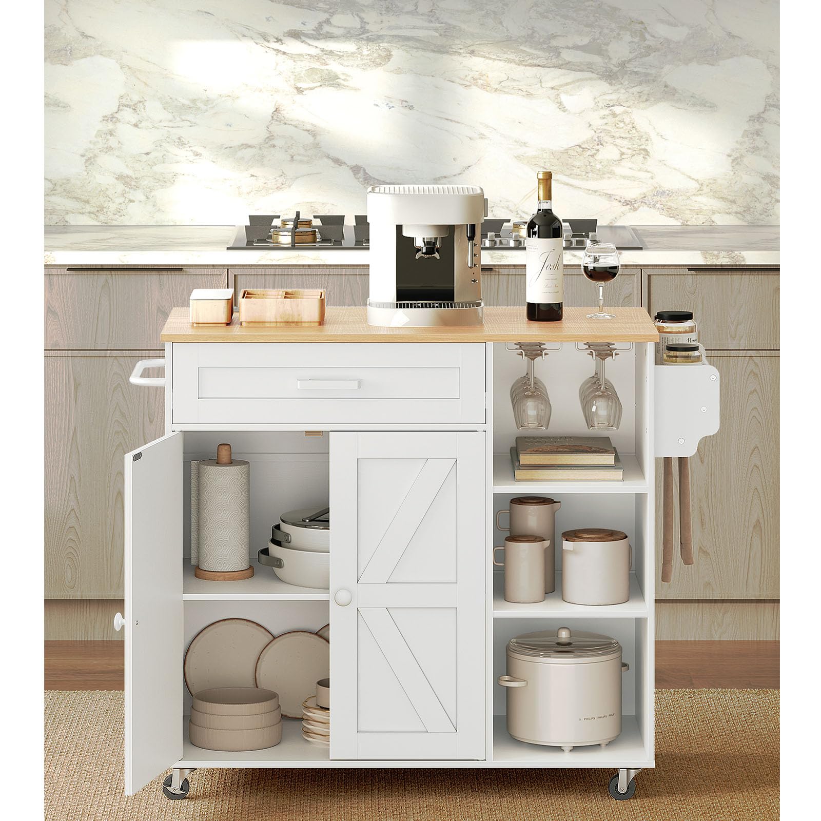 **White & Natural Kitchen Island Cart with Storage, 3 AC Outlets, Spice Rack & Wheels – Mobile Kitchen Workstation for Small Spaces, Dining Prep & Extra Counter Space**