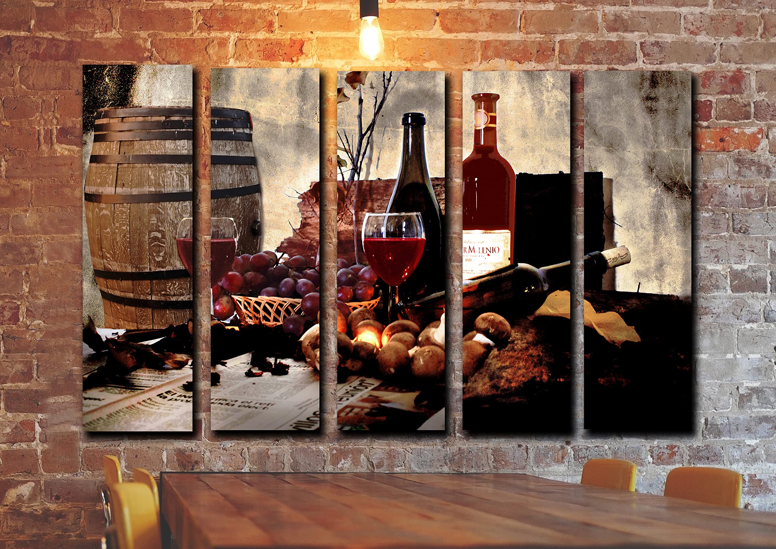 5-Piece Red Wine Barrel Wall Art Canvas Painting Set - Large 35x55 Inch Kitchen & Dining Room Decor - Rustic Wine Theme Poster Prints for Home Bar, Restaurant & Living Room Wall Decoration