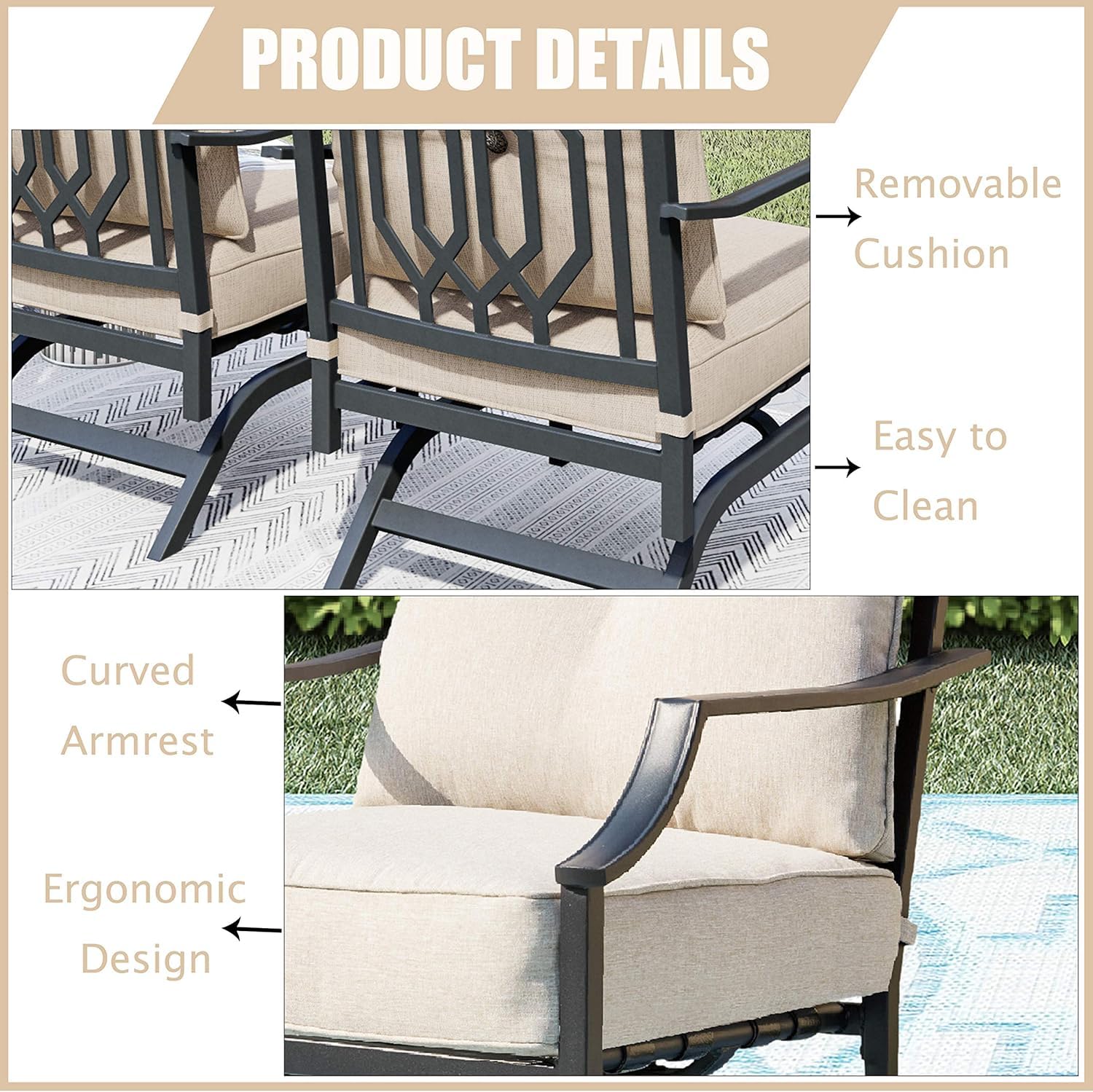 LOKATSE HOME 2-Piece Outdoor Metal Patio Chairs Set with Cushions - Beige Bistro Dining Armchairs for Garden, Balcony & Backyard Conversation Seating