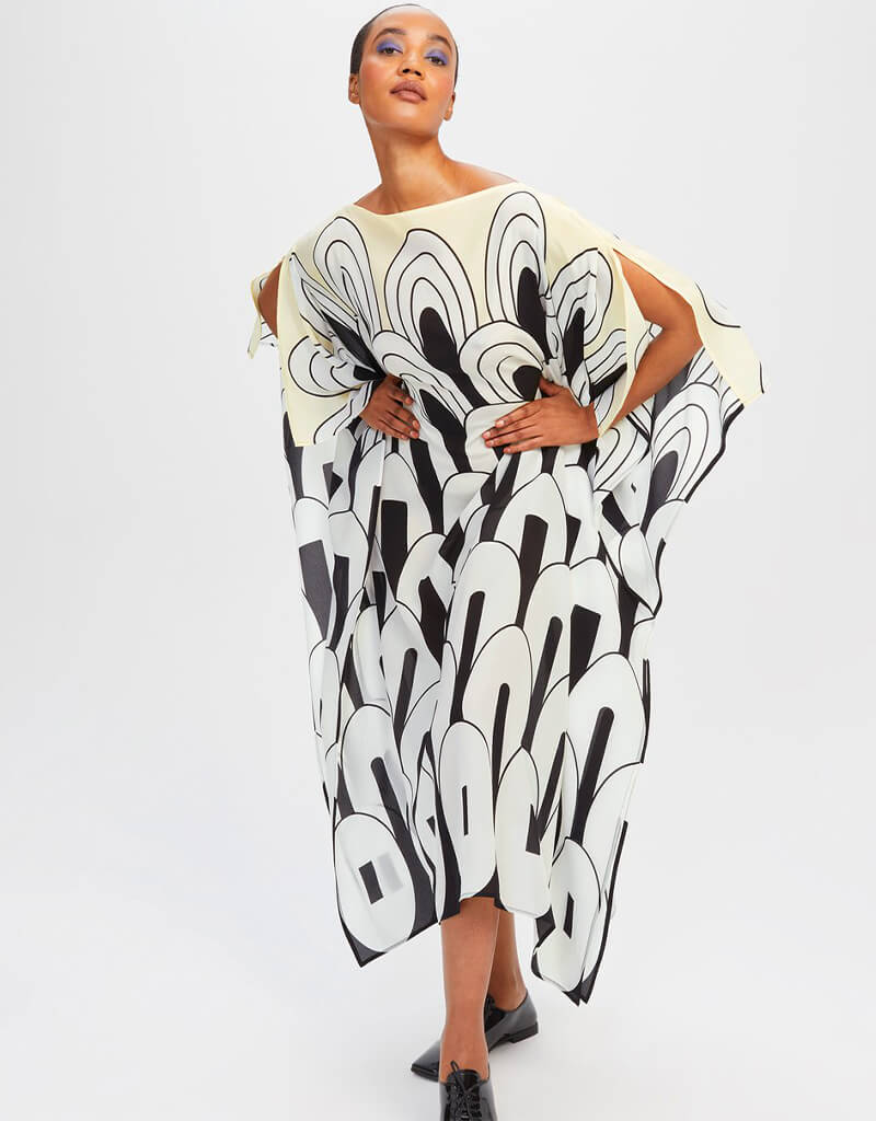 Luxury Black and White Silk Crepe Kaftan - Elegant Soft Flowy Women's Dress for Beach Cover Up, Resort Wear & Summer Evenings