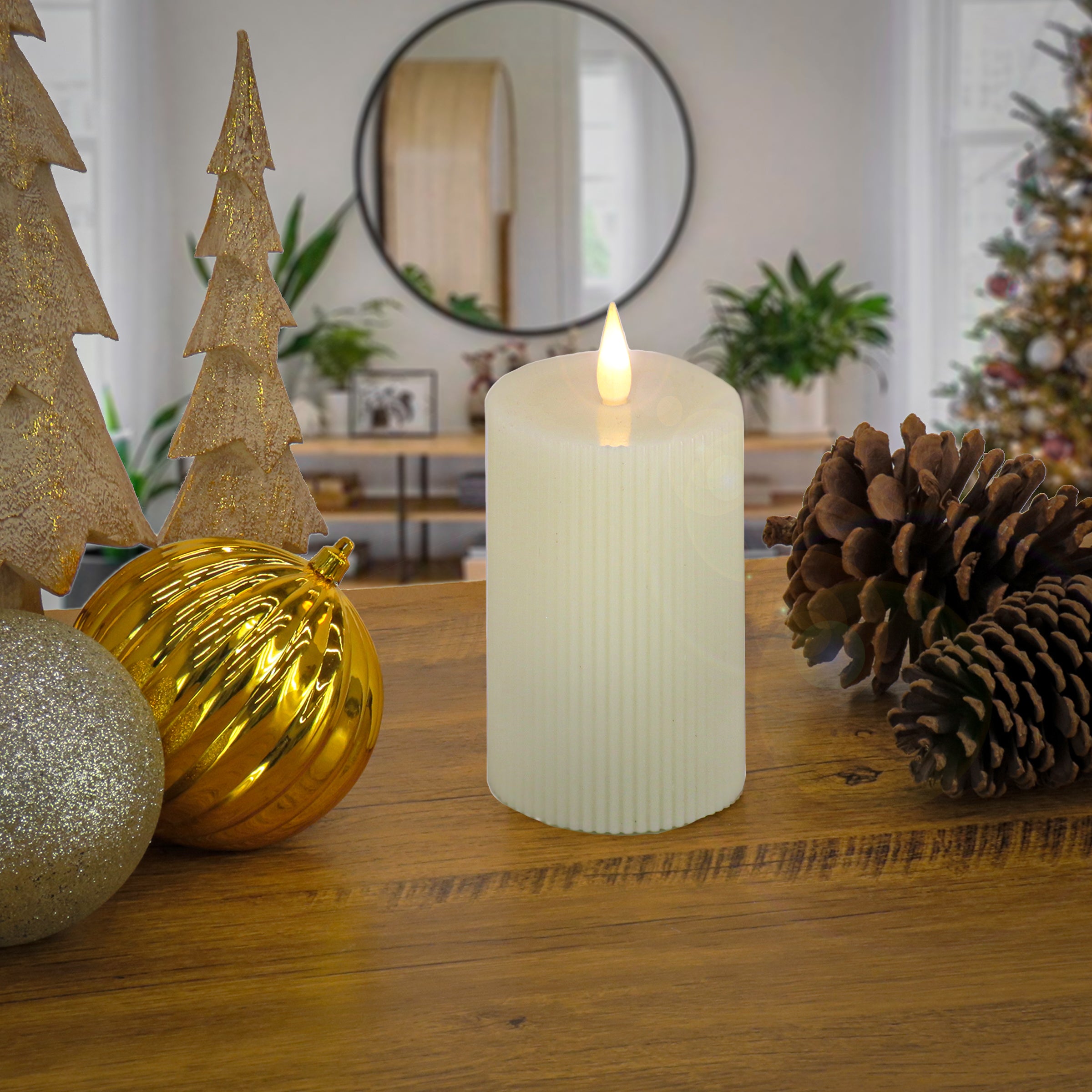 HGTV Home Collection Flameless Georgetown Pillar Candle - 5x7 Inches Ivory, Battery Operated LED Decorative Candle for Home Decor, Wedding Centerpieces, and Romantic Ambiance