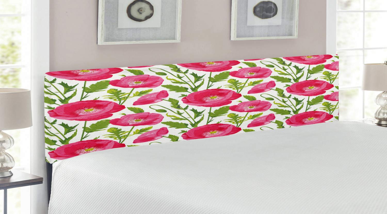 Ambesonne Poppy Flower Headboard - Upholstered Decorative Metal Bed Frame with Memory Foam | King Size in Green, Pink & Cream | Watercolor Leaves & Petals Design | Perfect for Valentine's Day & Romantic Bedroom Decor