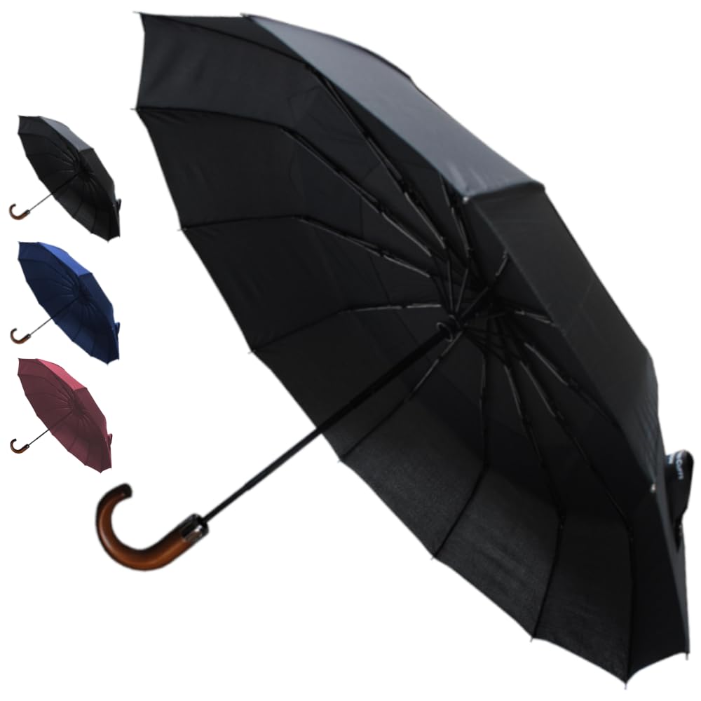 Compact Windproof Umbrella for Rain - 50MPH Wind Resistant - Auto Open/Close - Fiberglass Frame with Vented Canopy - Wooden Hook Handle - Perfect for Travel, Backpack & Everyday Use