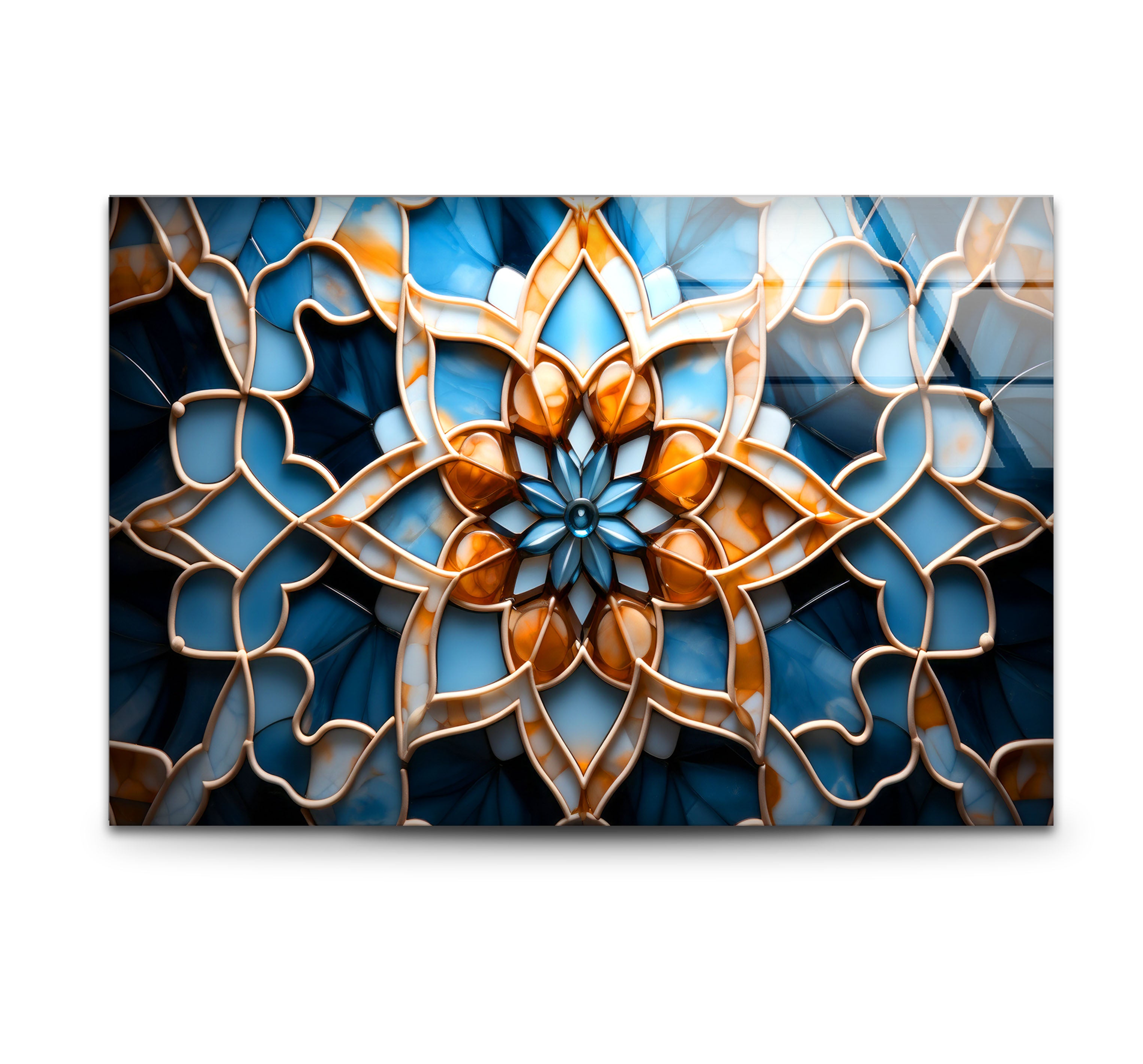 Blue & Amber Geometric Islamic Mandala Glass Wall Art - Modern Home Decor for Living Room, Bedroom & Office - Handmade Spiritual Decor for Meditation Spaces