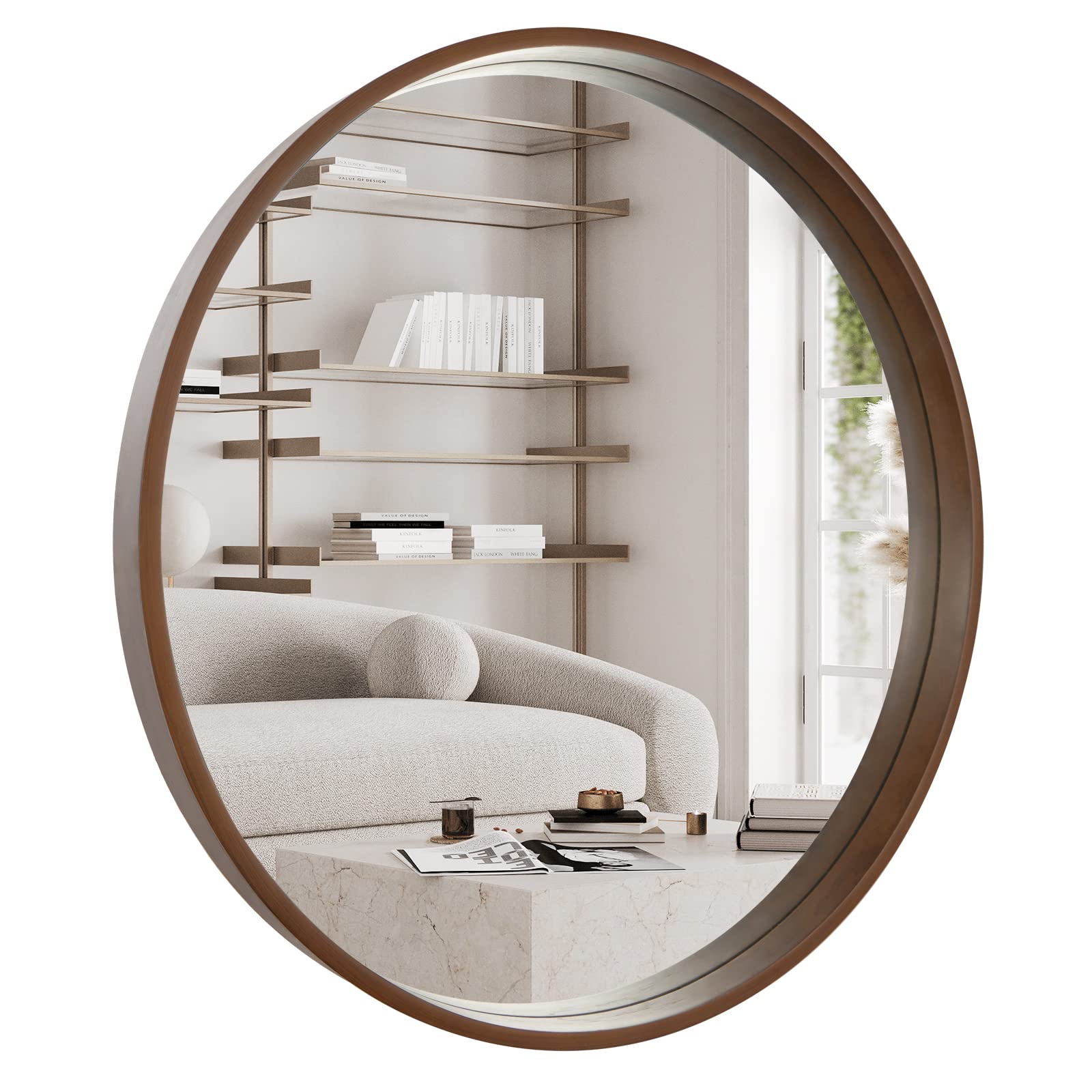 32 Inch Wood Round Mirror - Walnut Circle Bathroom Mirror for Wall Decor, Entryway, Vanity, Living Room & Bedroom | Rustic Home Decor for Farmhouse, Modern & Traditional Interiors