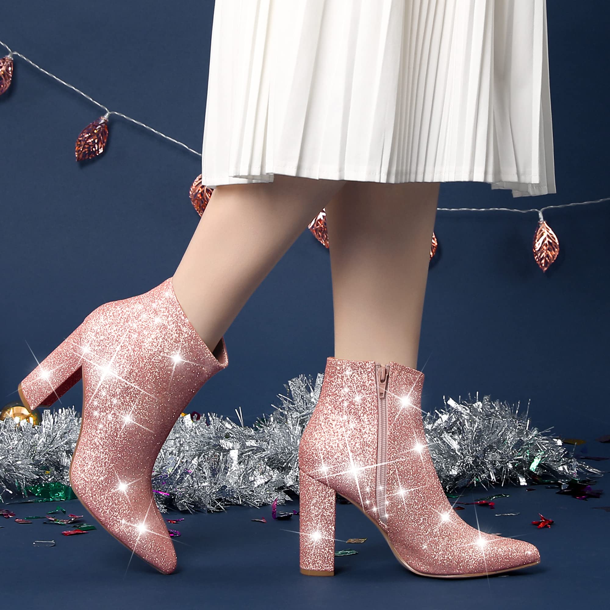 Sparkly Women's Ankle Boots - Perphy Glitter Pointed Toe Chunky Heel Booties for Parties, Weddings & Night Out | Fashion Dress Shoes for Women
