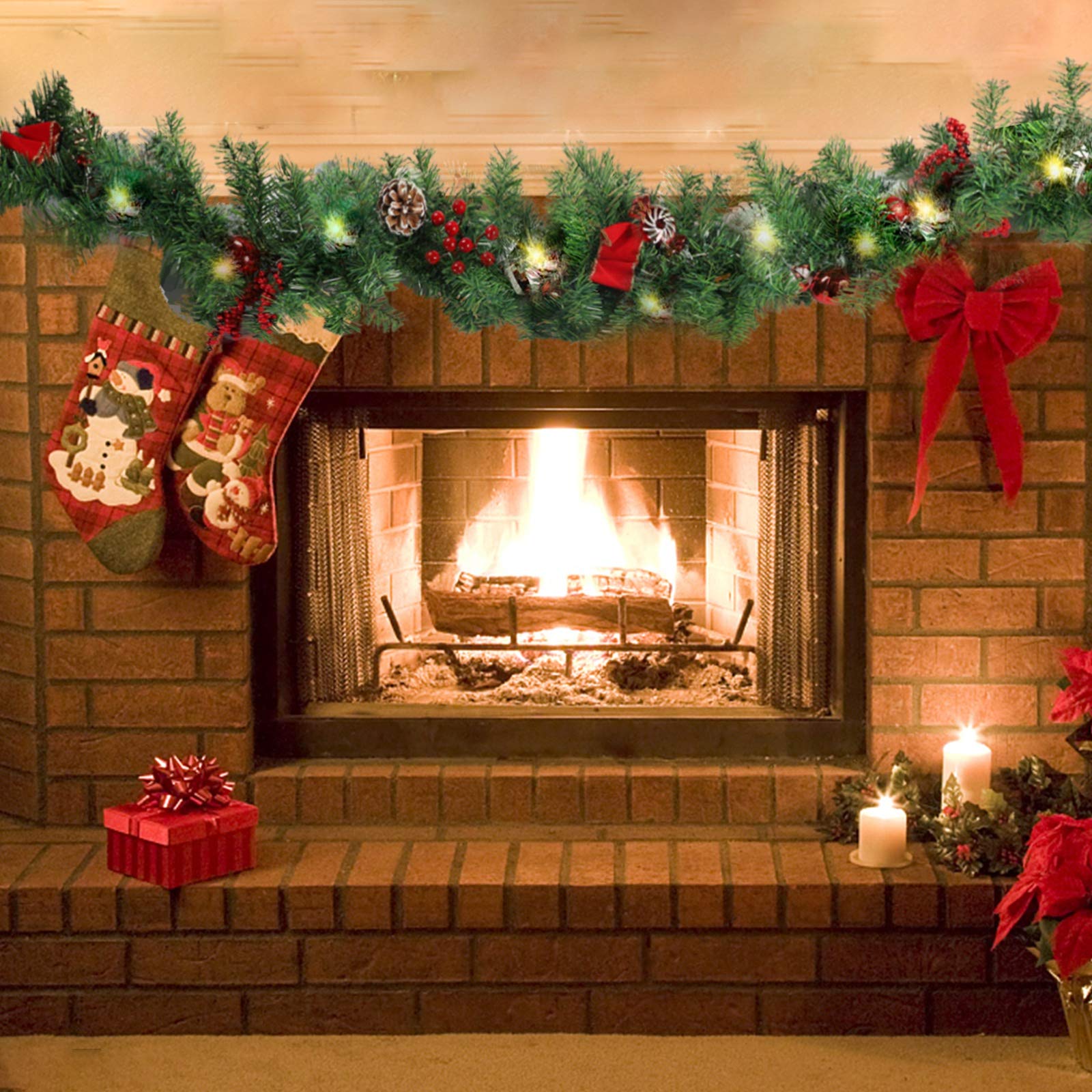 MorTime 9 FT LED Christmas Garland with Pinecones, Red Berries, Bows & Ornaments - 50 Warm White Lights, 180 Branch Tips for Holiday Decor - Perfect for Fireplace Mantel, Staircase & Christmas Tree Decoration