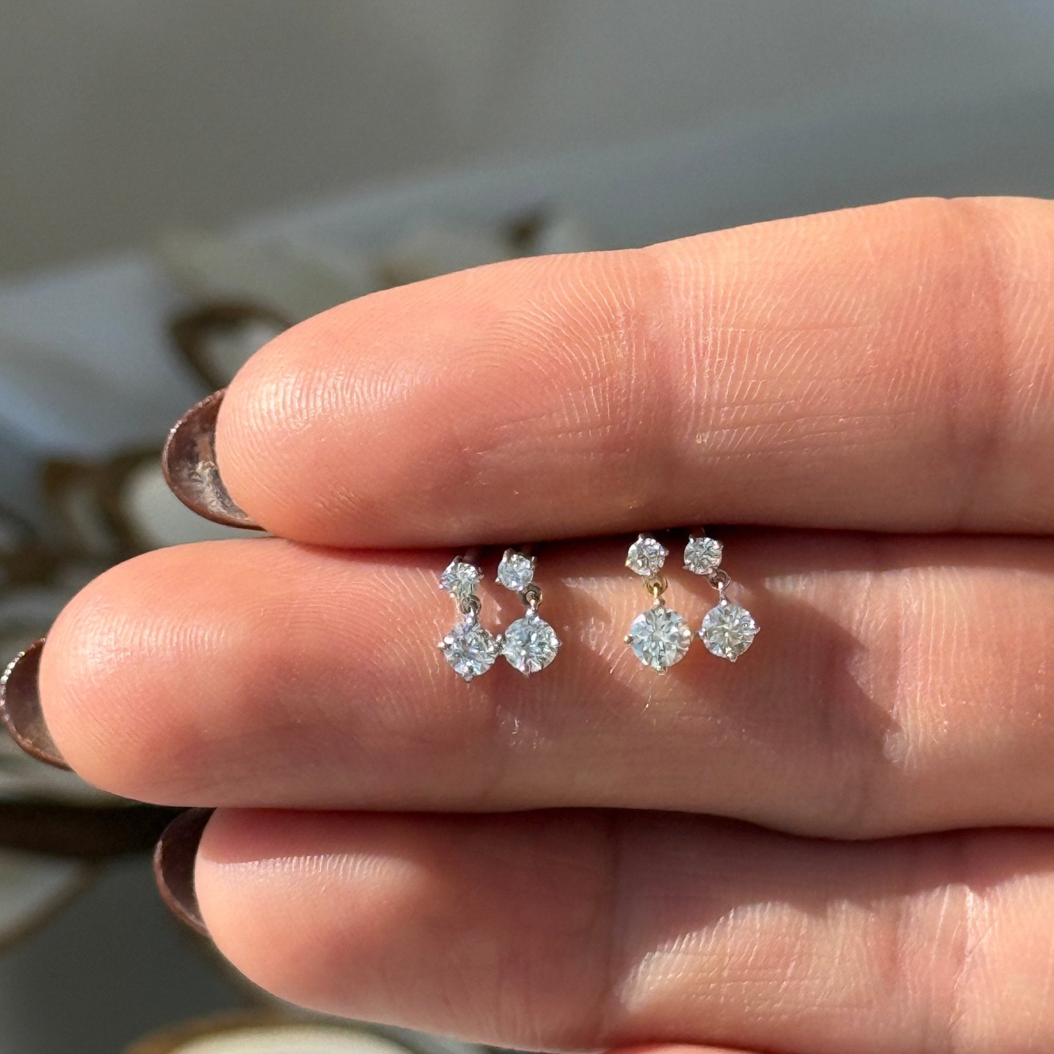 14k White Gold Double Diamond Drop Flat Back Stud Earrings - Elegant & Dainty Jewelry for Women, Perfect for Parties, Weddings & Everyday Wear